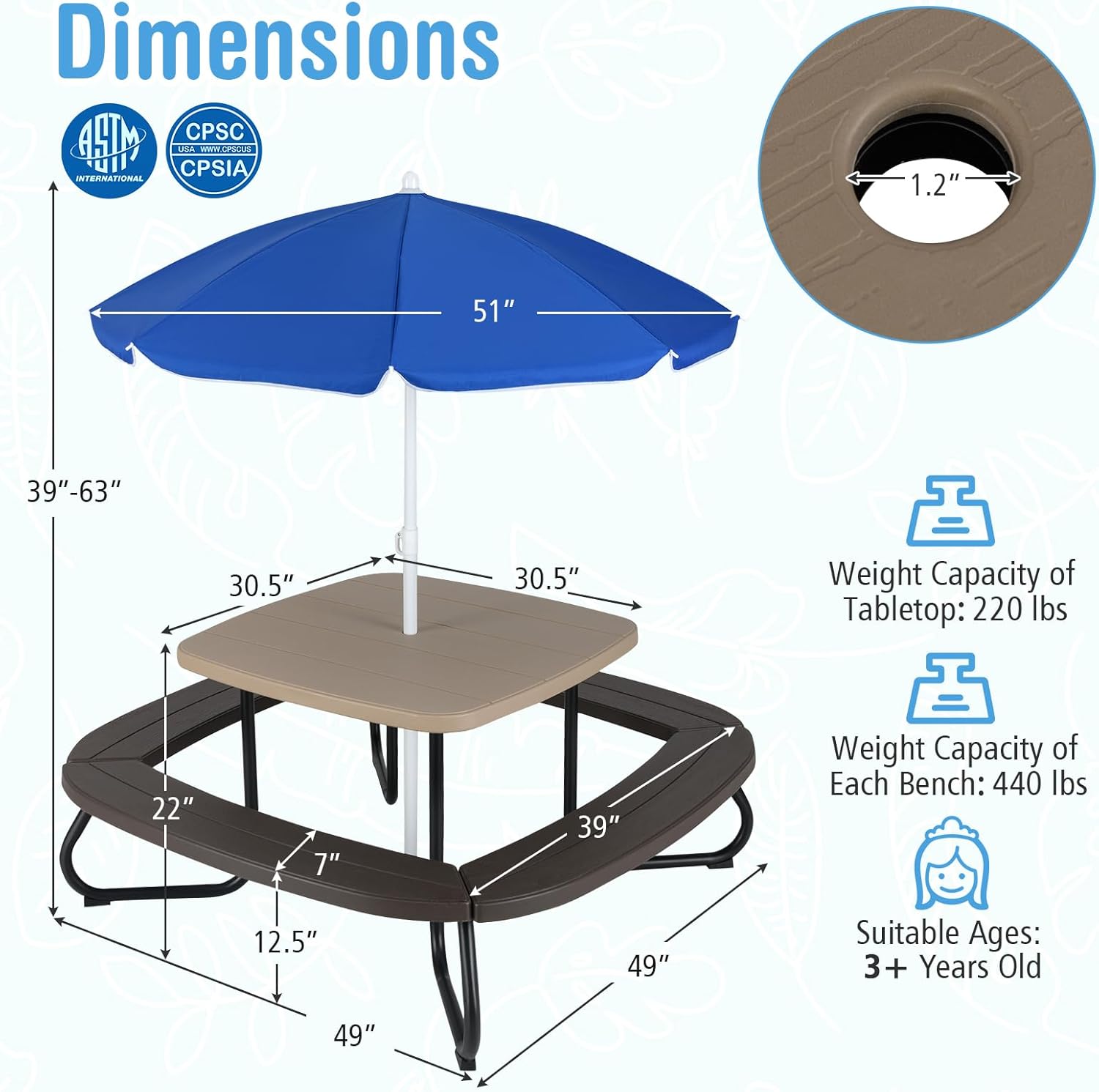 8 Person Kids Picnic Table, Kids Outdoor Table and Chairs Set with Removable Umbrella, 4 Built-in Benches, HDPE Top & Metal Frame, Kids Outdoor Table for Patio, Garden, Backyard (Coffee+Blue)