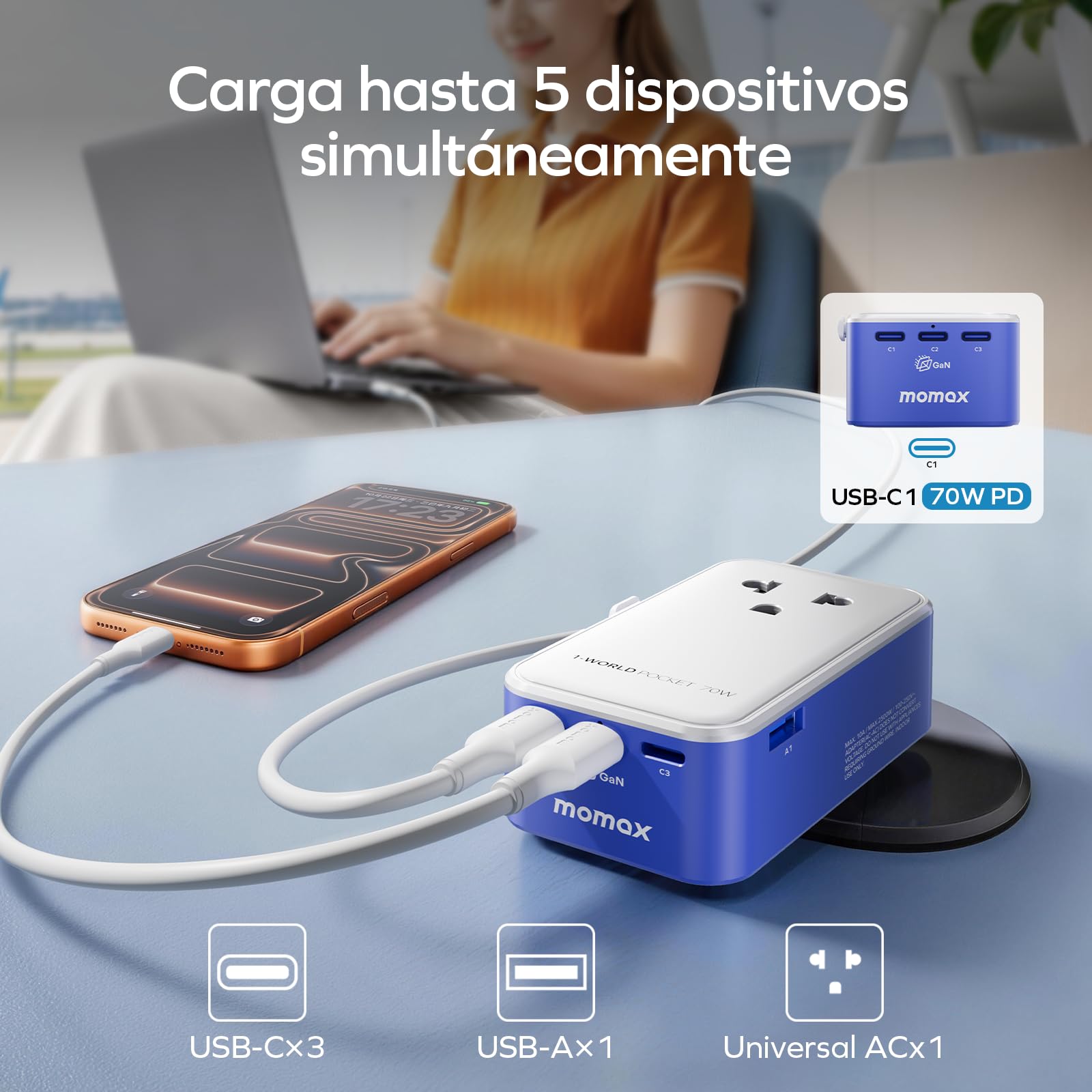 MOMAX 70W GAN Adaptador Enchufe Universal Delgado, Enchufe Universal con 3 USB C y 1 USB A, Adaptador Universal Enchufe Viaje, Adaptador de Viaje para Inglaterra, EE. UU., Japón, Tailandia y Australia