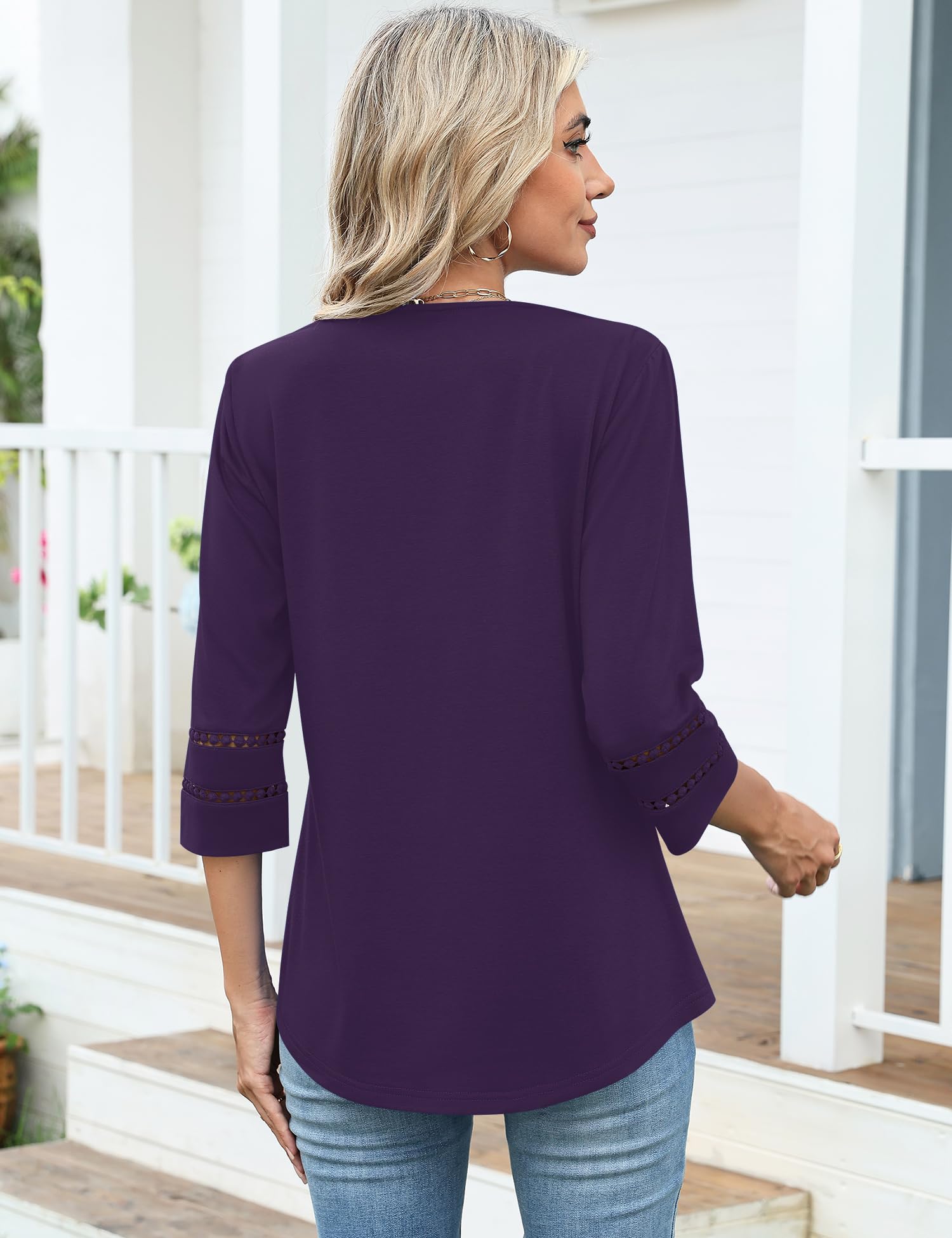 Rapbin Top da donna con maniche a 3/4, scollo a V, in pizzo, ricamato, per primavera ed estate, stile casual