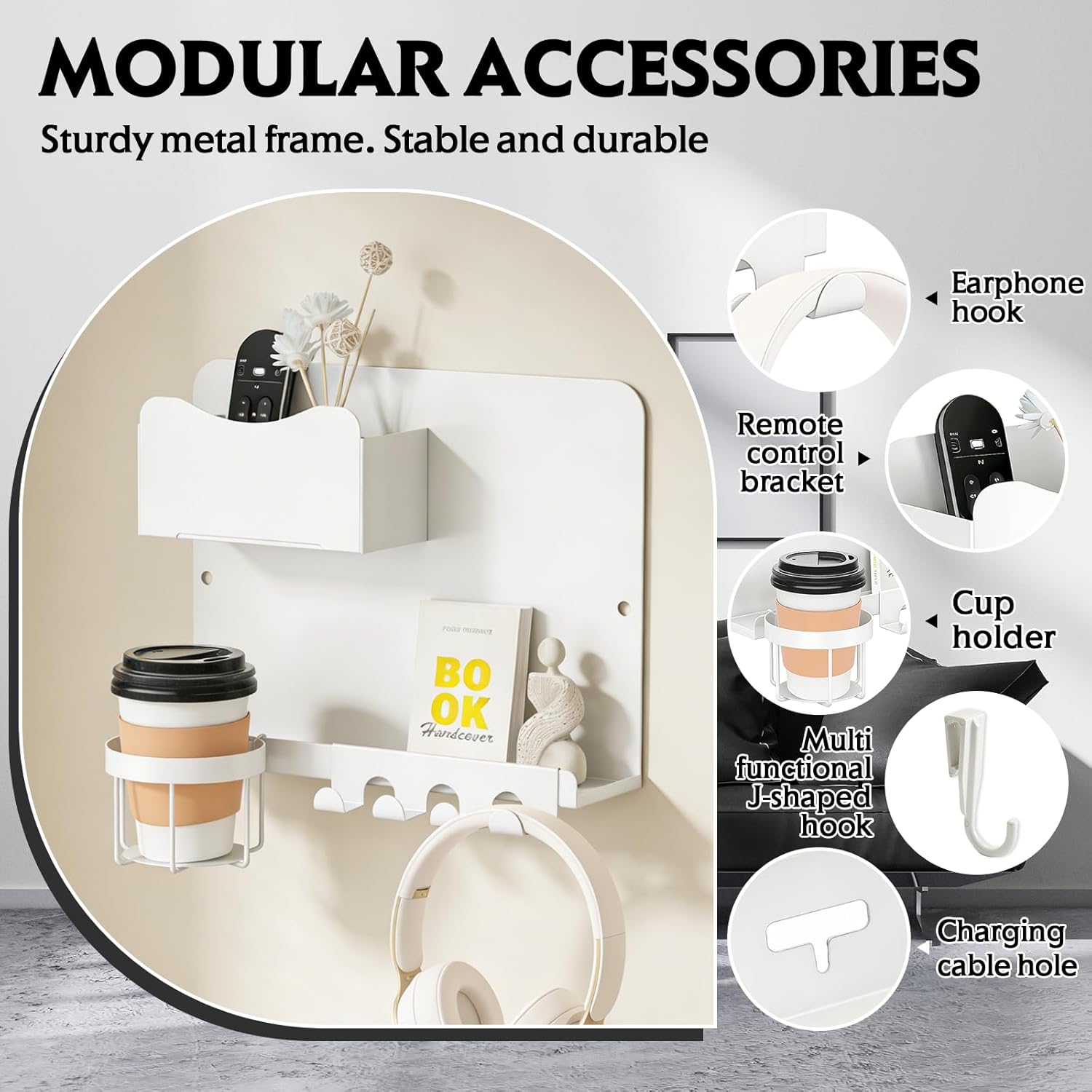 SPOKKI Floating Bedside Wall Shelf Organizer with Remote Control Holder;Metal Adhesive Wall Mount Nightstand Shelf for Bedroom;Dorm Room Essentials;Bed Shelf for Phone,Earphone,Kindle (White)