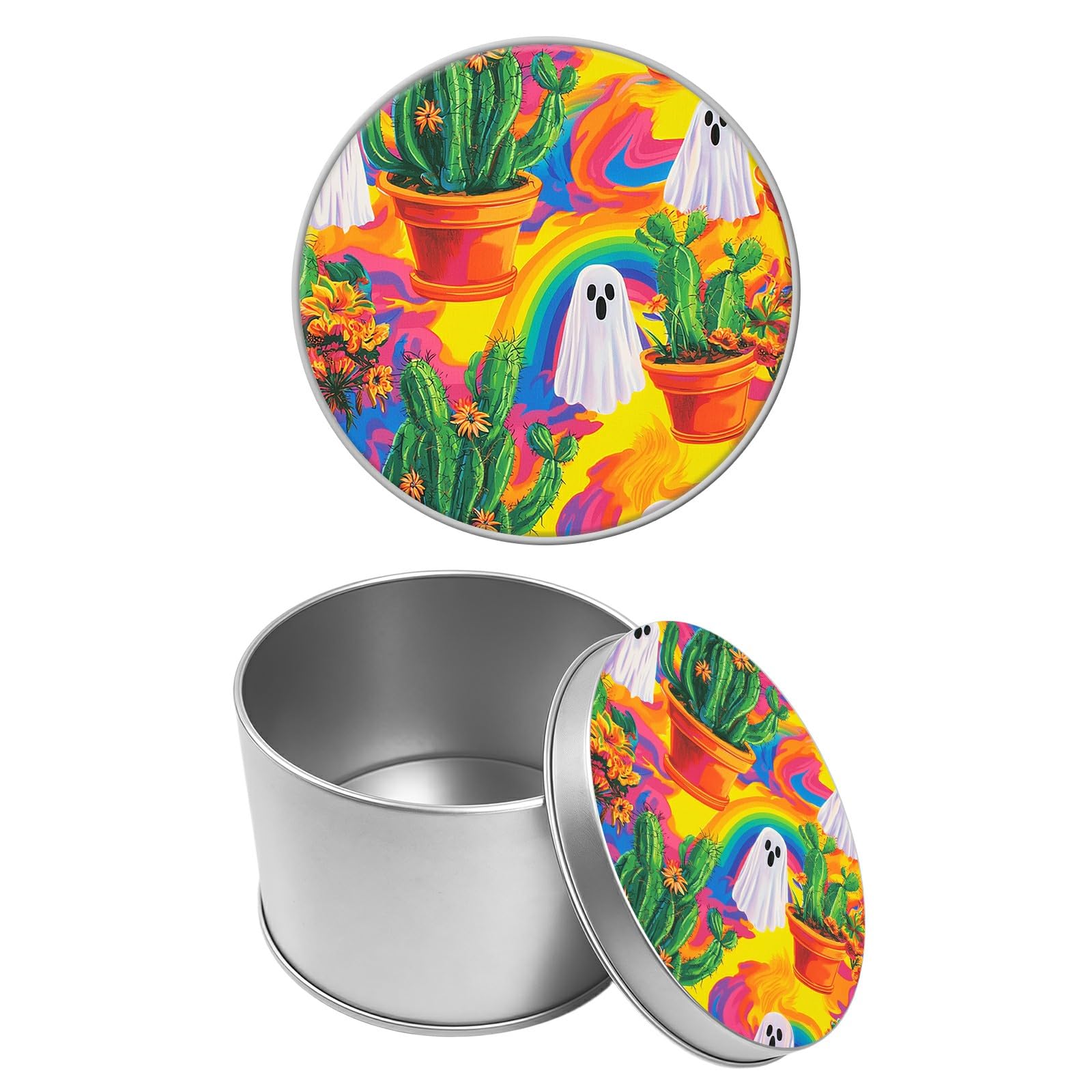 Round Metal Tin Container with Removable Lid, Ghost Cactus Durable Metal Storage Box for Cookies Spices Tea Candies Cakes Jewelry Cosmetics 3.54 x 2.36 inch– Single Pack