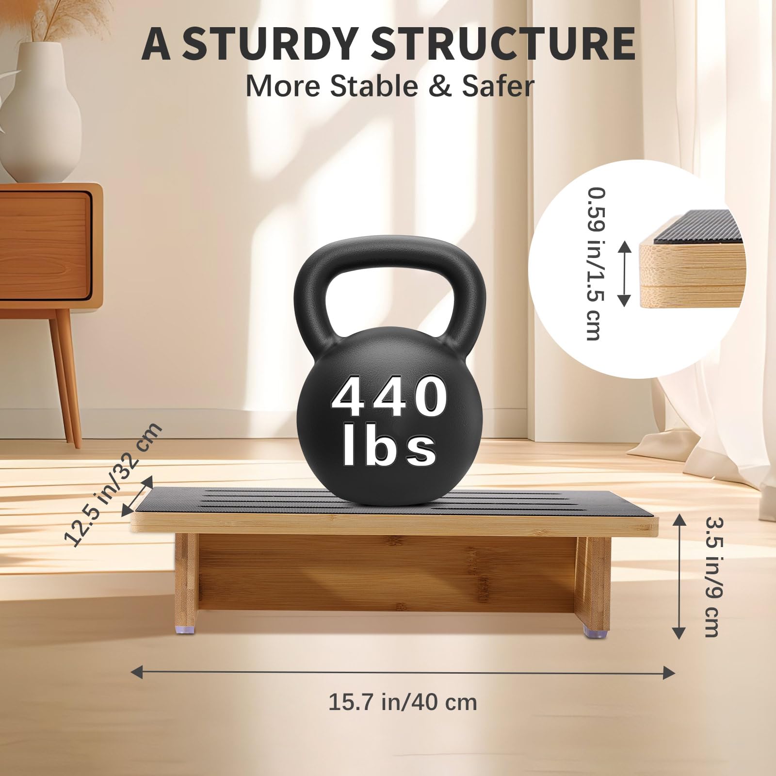 Roylvan Taburete para Adultos, Escalón para Camas Altas, Taburete Antideslizante con Capacidad de Carga de 440 LB para Ancianos, Niños, Junto a la Cama, Ducha, Cocina, Madera de Haya/Negro