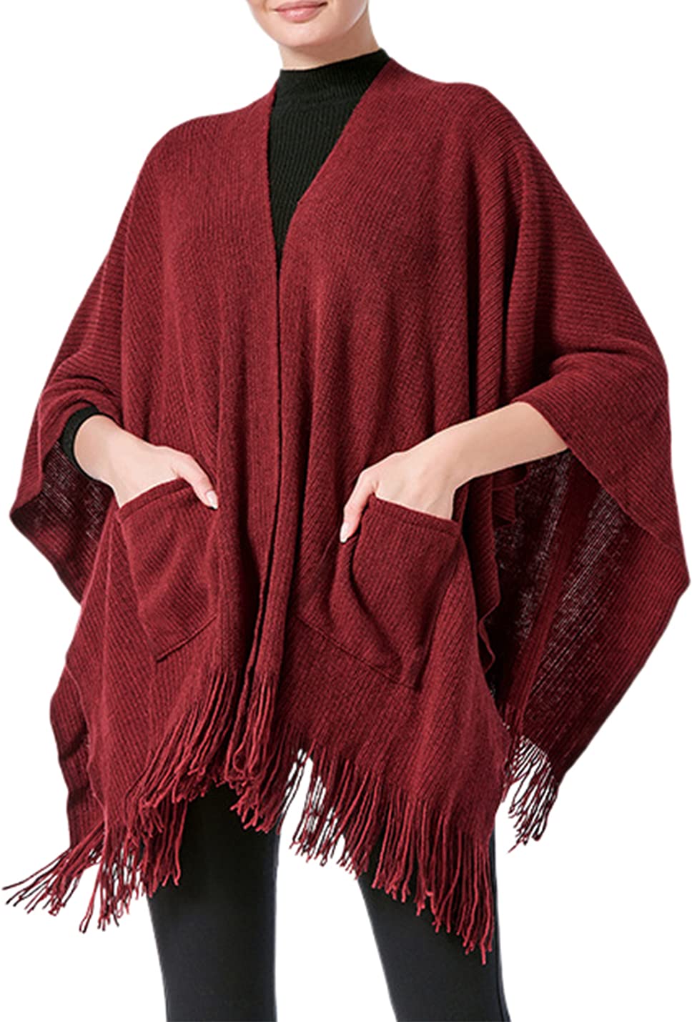 PAODIKUAI Women's Poncho Capes Tassel Knit Shawl Wrap Cardigan Coat With Pockets