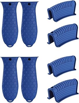 8 Pieces Silicone Hot Tool Holder Heat Resistant Potholder Cookware Handle Non Slip Rubber Pot Holders Handles Grip Covers for Cast Iron Skillet Silicone Cooking Kitchen Suits Blue