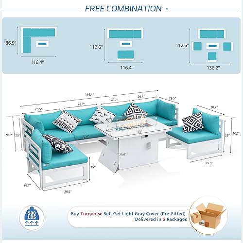Miniatura 731 de NICESOUL 7 Piece White Powder-Coated Aluminum Patio Furniture with Fire Pit Table, 29 Inch Extra Wide Outdoor Sectional Sofa for 6, High-End Heavy