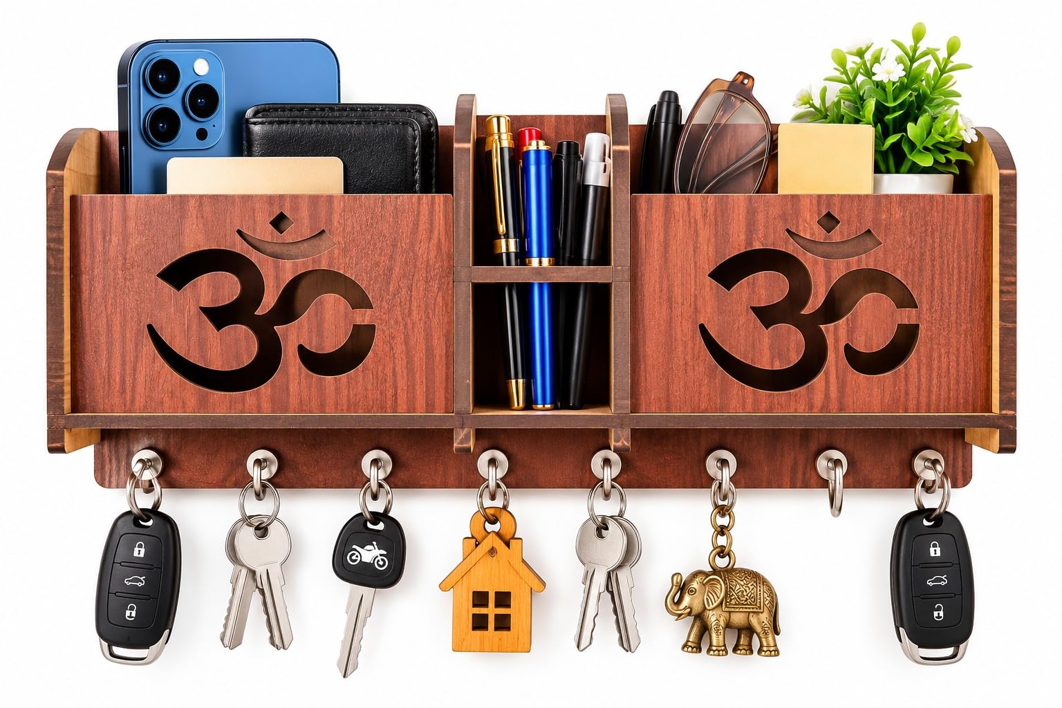 CAPIO ART Wooden Key Holder - 7 Hooks & Mobile Storage -11
