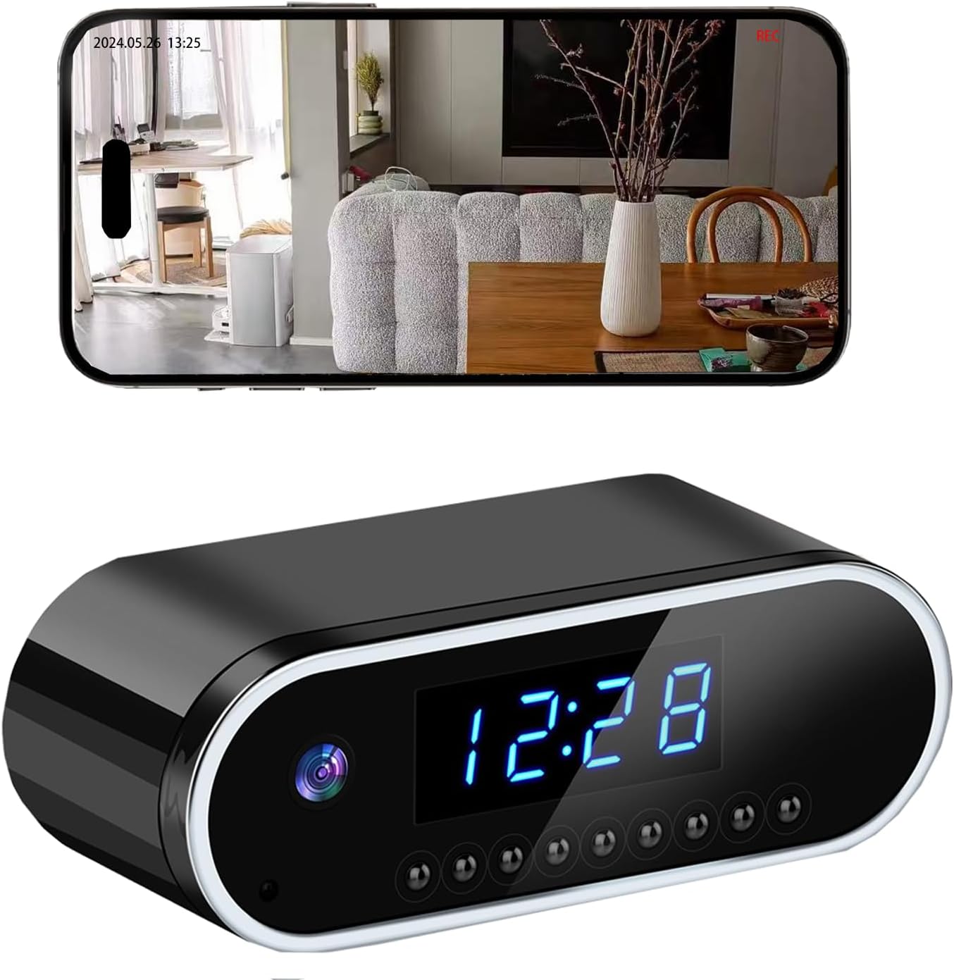 Wi-fi Hidden Digital camera Clock, 1080P HD Nanny Cam with Auto Night time Imaginative and prescient for Residence Monitoring, Indoor Movement Detection & Telephone Alerts, 24H Show, Rechargeable Battery