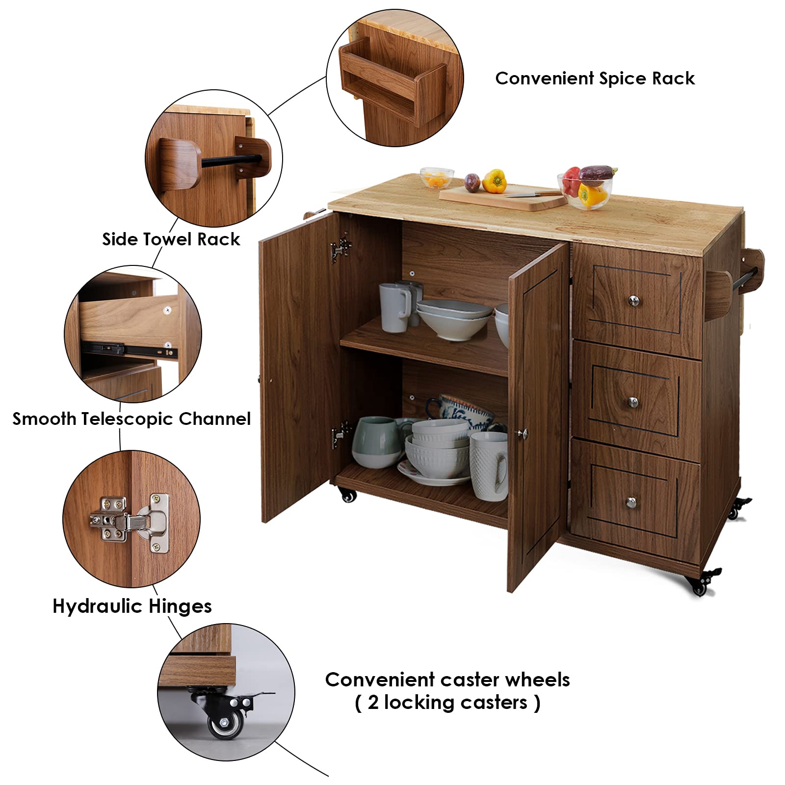 Kitchen Island Cart, Kitchen Trolley Carts with Drop Leaf Tabletop