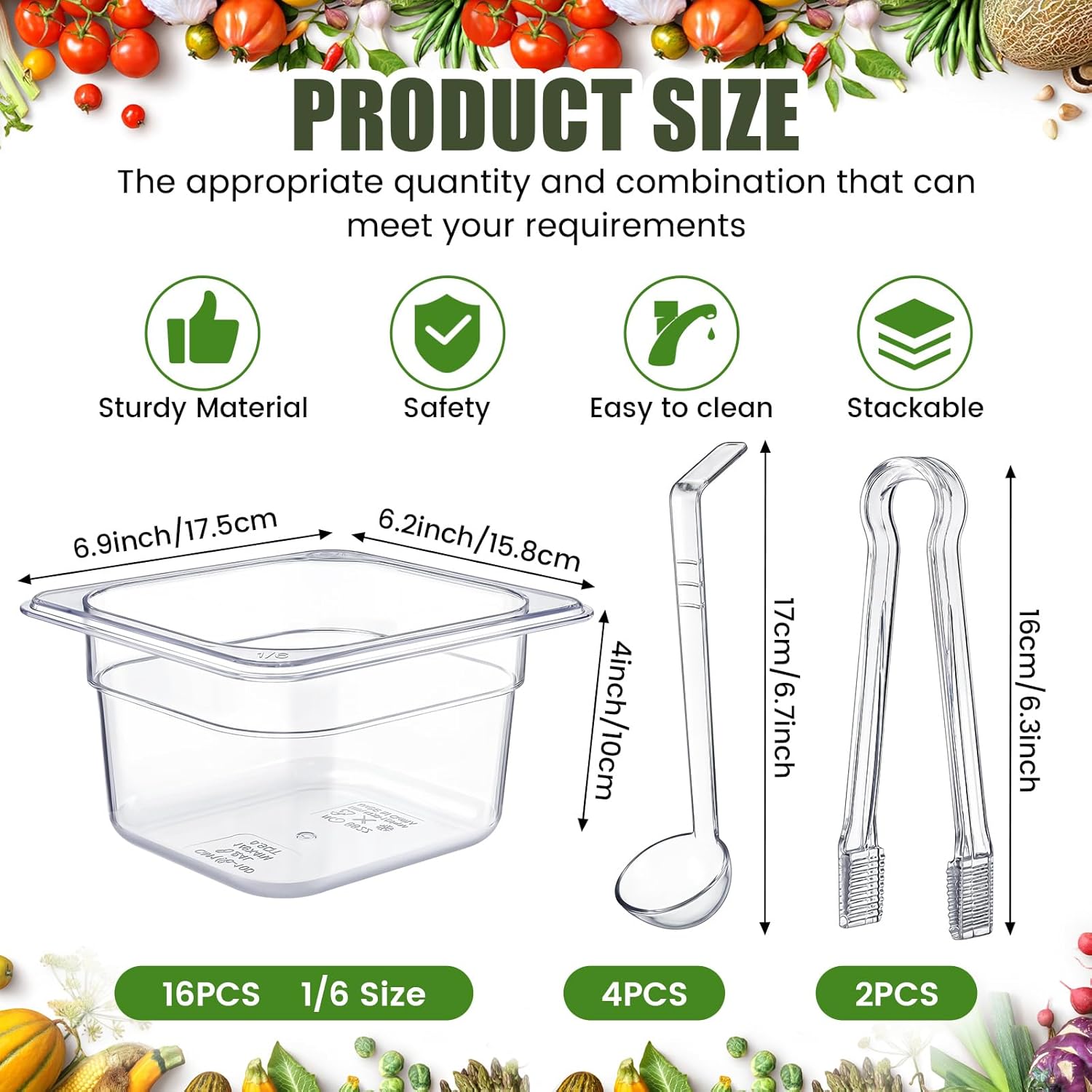 Rtteri 22 Pcs 1/6 Size Clear Plastic Pans Set: 16 Food Prep Containers & 2 Tongs & 4 Spoons for Salad Bar Buffet Restaurant Hotel Commercial Home for Fruit Vegetable Sauce Bean Corn Deli(4 Inch Deep)