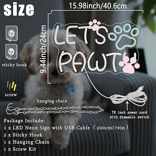 Miniatura 2 de Lets Paw-ty - Letrero de neón para fiesta de cumpleaños de perro y gato, luces de neón regulables, USB con estampado de patas de mascotas, letrero