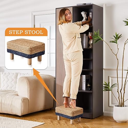 Miniatura 4 de Cpintltr Taburete otomano rectangular, reposapiés, otomano, reposapiés natural de algas marinas con patas de madera, taburete tejido a mano para