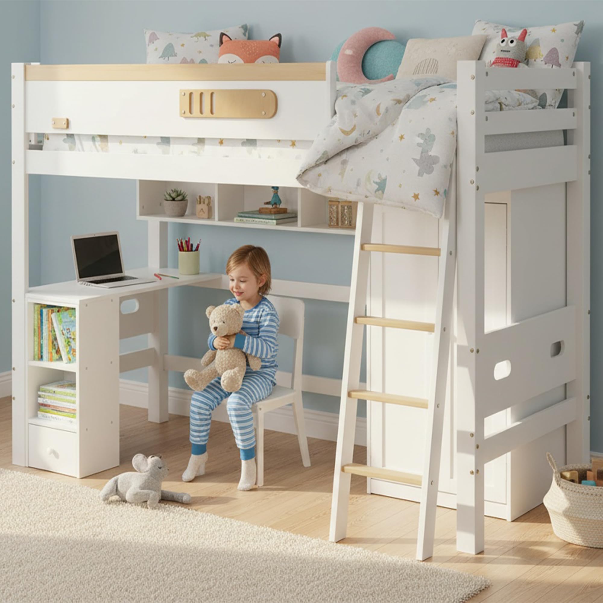Cama Alta para Niños 90 x 200 cm, Litera con Rejilla de Protección, Mesa, Armario y Estantería Abierta - Amplio Espacio de Almacenamiento