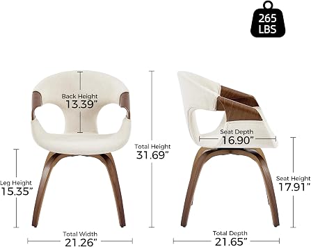 Zouron Mid-Century Swivel Dining Chair, Fabric Upholstered Accent Chairs with Bentwood Arms & Legs, Padded Armchair with Backrest for Kitchen, Dining Room, Living Room, Beige