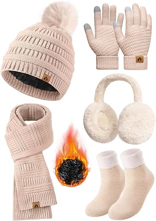 Womens Winter Beanie Hat Scarf Gloves Set Fleece Hat Long Scarf Neck Warmer Ear muffs Fuzzy Socks 5 in 1 Knit Sets