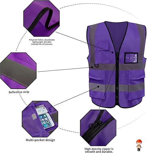 Miniatura 4 de YAFOWUK Chaleco de seguridad reflectante de construcción de neón, de alta visibilidad, 7 bolsillos con cremallera frontal, cumple con las normas