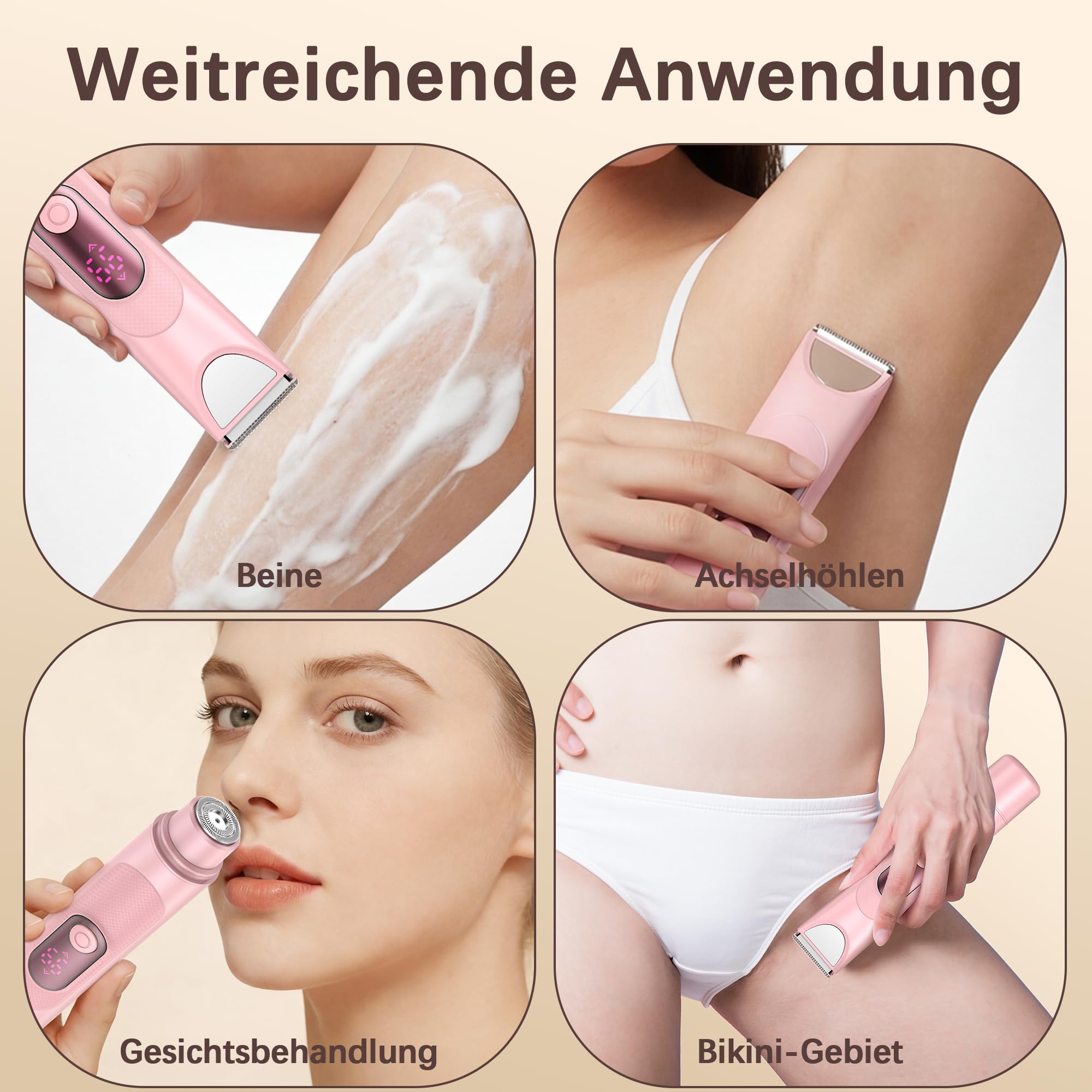 Elektrisch Rasierer Damen, 3-in-1- Elektrischer Trimmer Intimrasierer für Frauen, für Bikinizone Achseln Beine Gesicht mit LED-Anzeige, Wiederaufladbarer Damenrasierer Elektrisch Nass & Trocken, Rosa