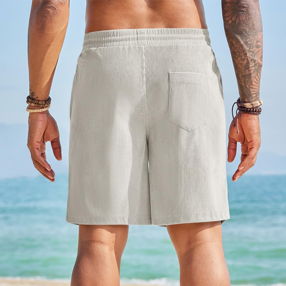 Yousify Men's Corduroy Shorts Casual Elastic Waist Drawstring Summer Beach Vacation Shorts with Pockets - Image 4