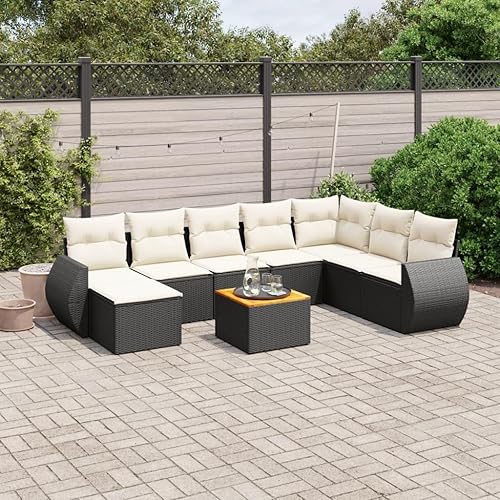9 Piece Garden Sofa Set in Black and Cream White, Modular Outdoor Furniture with Weather-Resistant Poly Rattan and Steel Frame, Comfortable