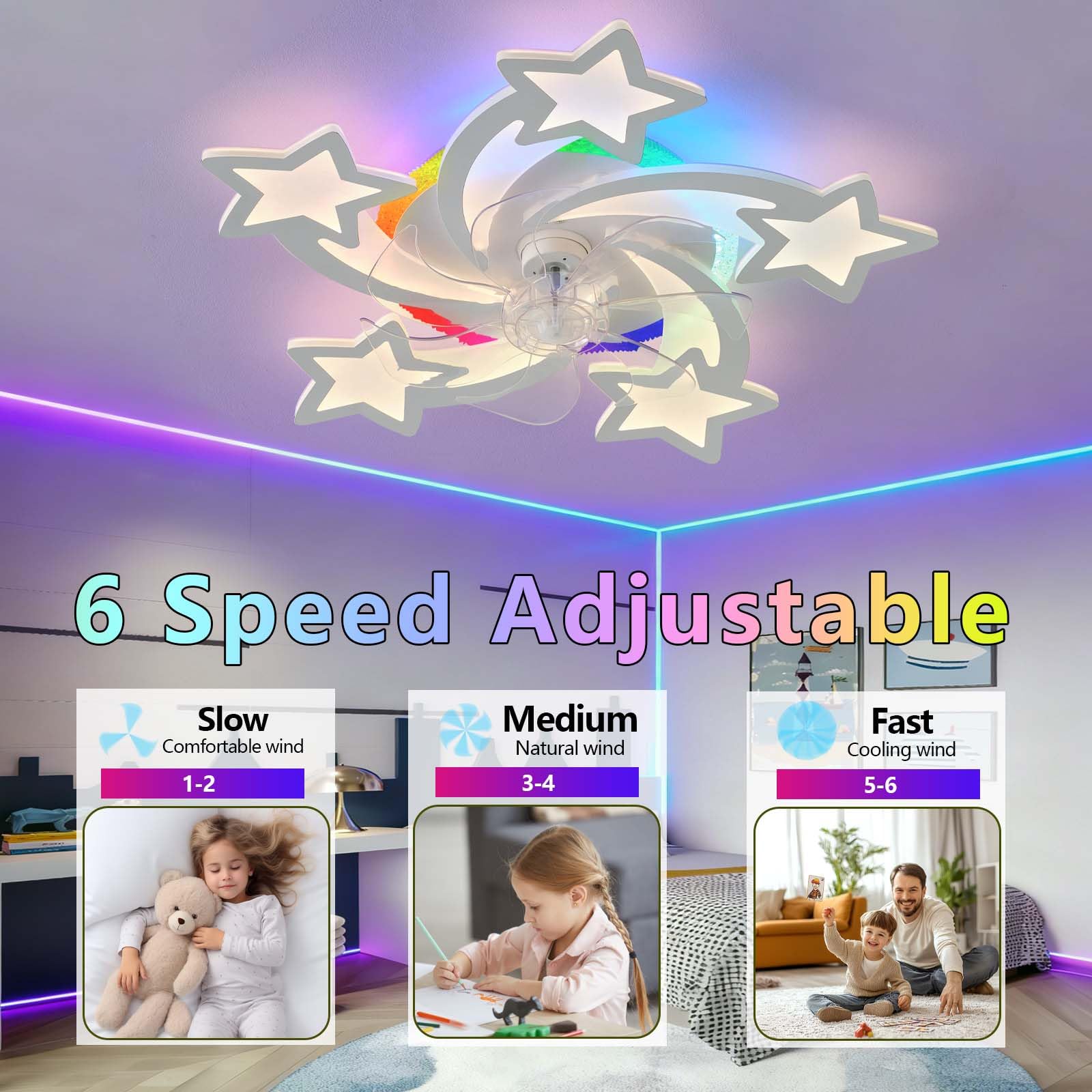 Ventilatore da Soffitto con Luce Silenzioso Star con RGB con Alexa,Plafoniera Ventilatore Reversibile Telecomando APP Tempistica,Lampadario Ventilatore Dimmerabile,6 Velocità,Camerette,Bianco