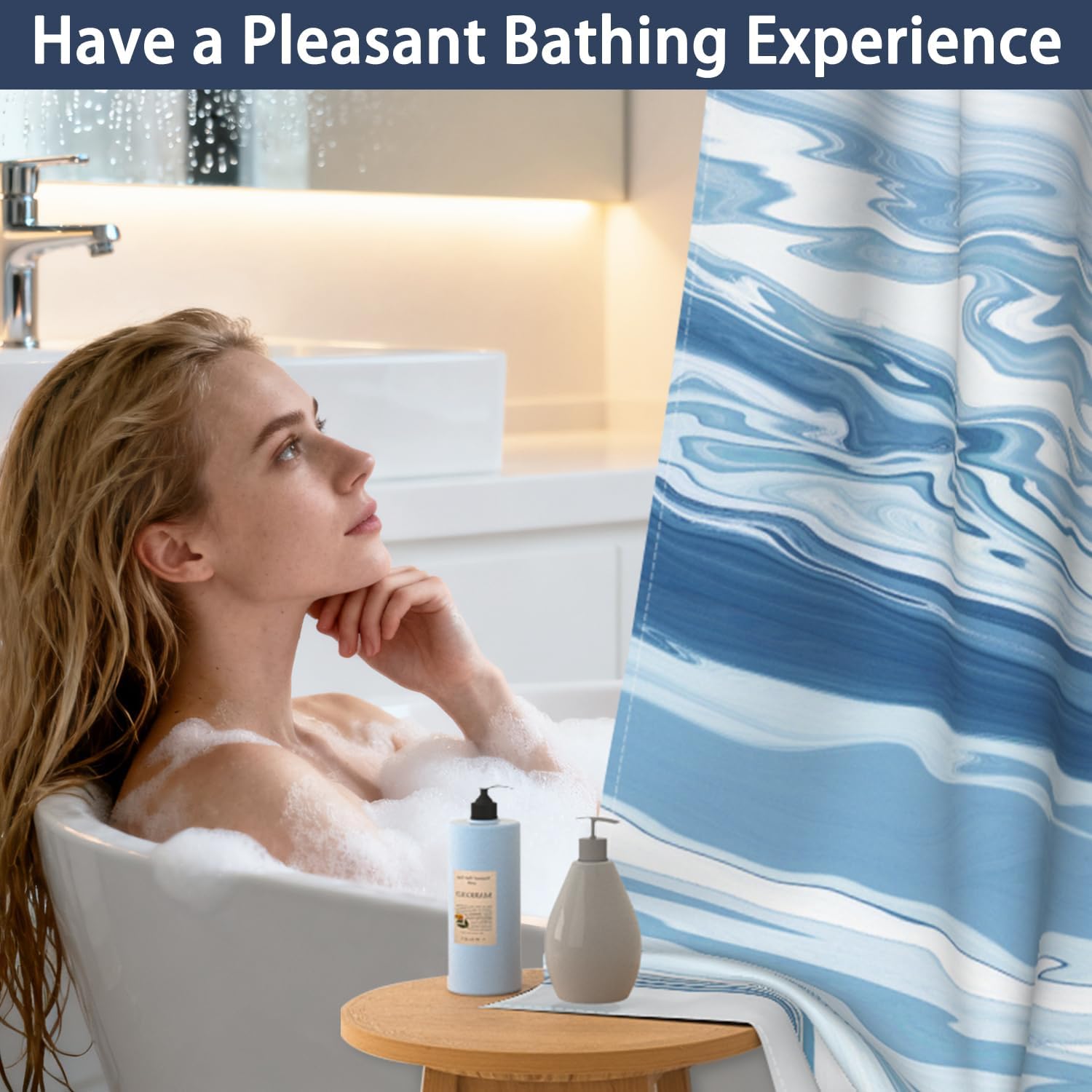 Blue Marble Shower Curtains for Bathroom, Waterproof Double Layers Fabric No Hook Shower Curtain and Liner with Top Mesh Window, Blue White Modern Hotel Style Bath Curtain and Weighted Hem, 71x74 Inch