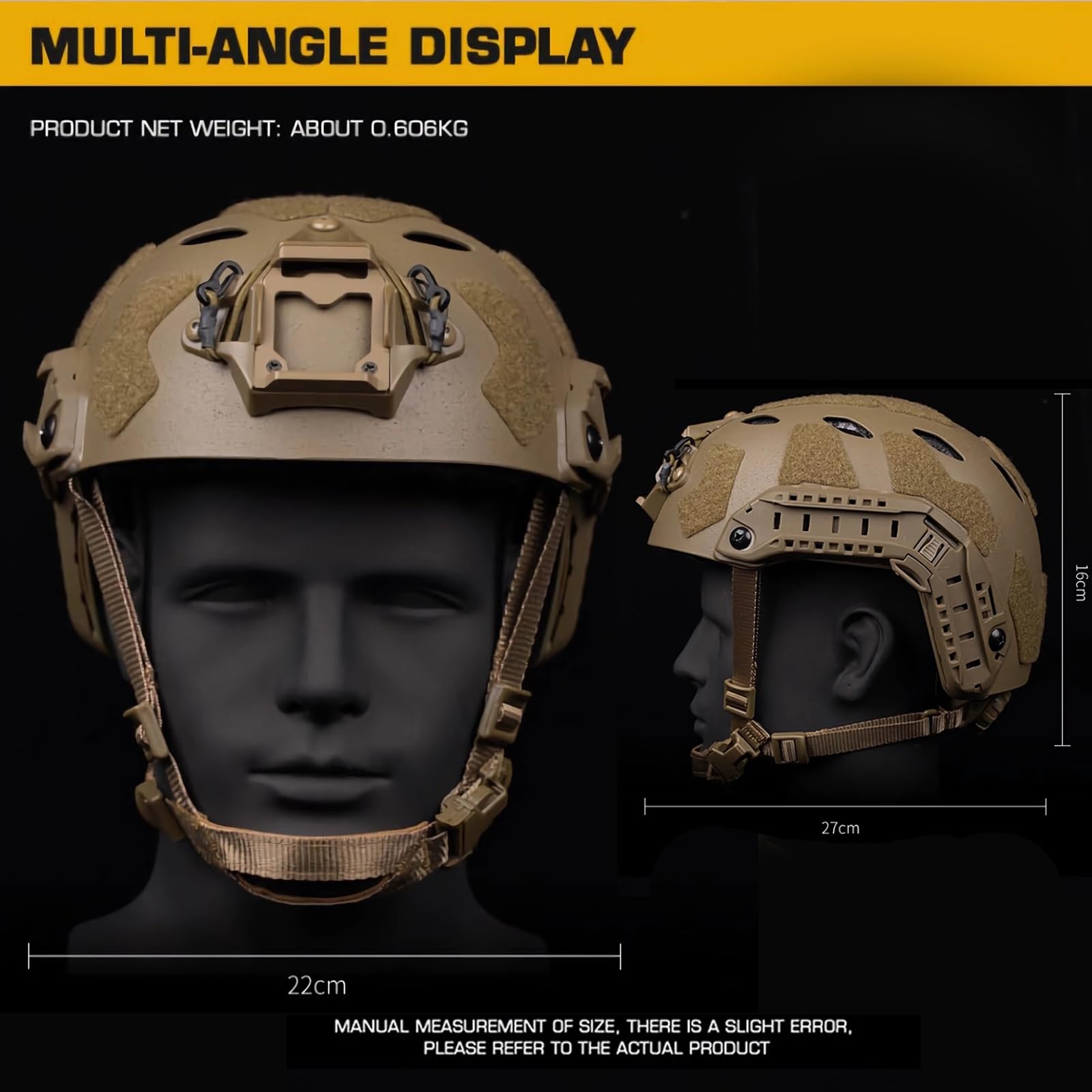 Lekki Helm Do Airsoftu – Zintegrowany Helm Z Wysokim Wycięciem I Podstawą Do Mocowania NVG, Szynami Bocznymi I Paskiem Na Słuchawki Z Otworami Do Uprawiania Sportów