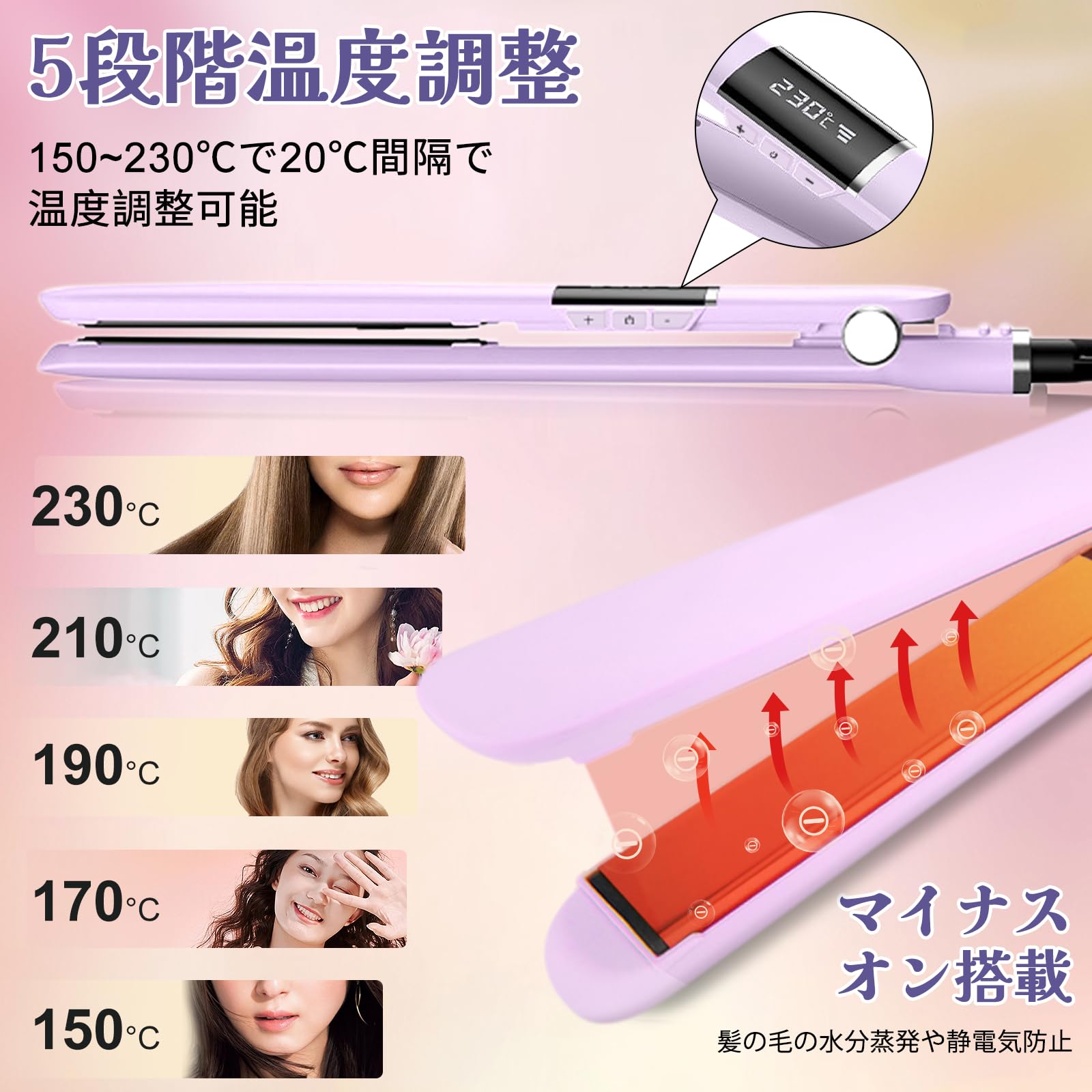 ネイビー ストレートアイロン 温度調整機能付き Amazon | ヘアアイロン ストレート5段階温度調節 150℃～230℃ 急速加熱
