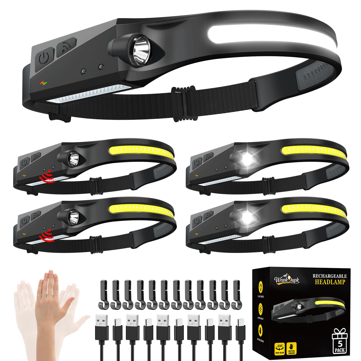WopkDupk Rechargeable Headlamp 5-Pack