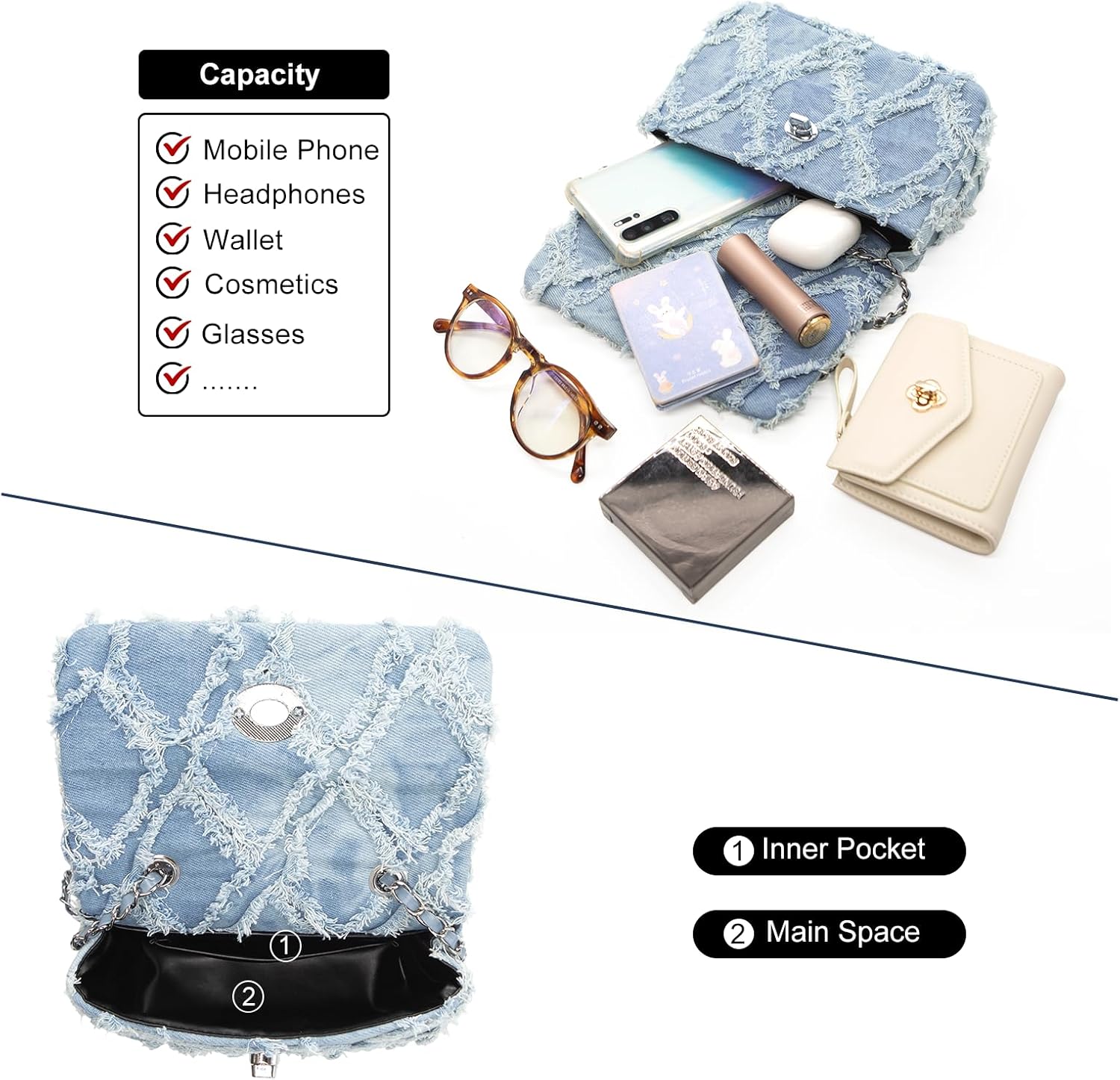 Long Keeper Denim Shoulder Bag for Women Small Tassel Clutch Purse Crossbody Handbag with Chain Strap for Formal Party Travel