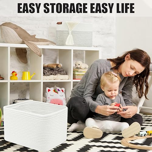 Miniatura 5 de Cestas de almacenamiento para estantes, cesta tejida de cuerda de algodón con asas para organizar, paquete de 3 cestas decorativas de 15 x 11 x 9.5