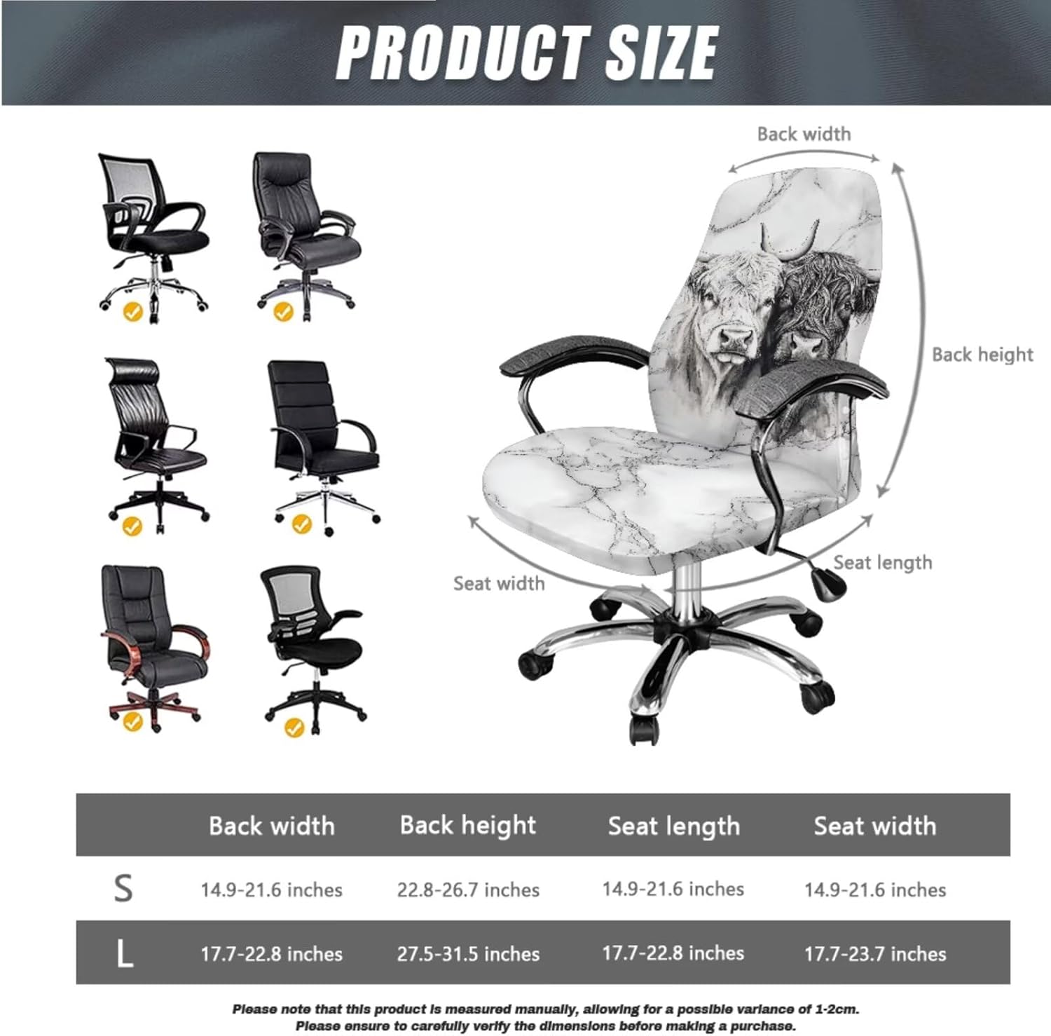 Talayituse Highland Cattle Marble Print 3 Pieces Office Chair Cover with Armrest Pad Covers, Water Resistant Dining Chair Cover Soft Desk Computer Chair Slipcover with Elastic Edge for Armchair, S
