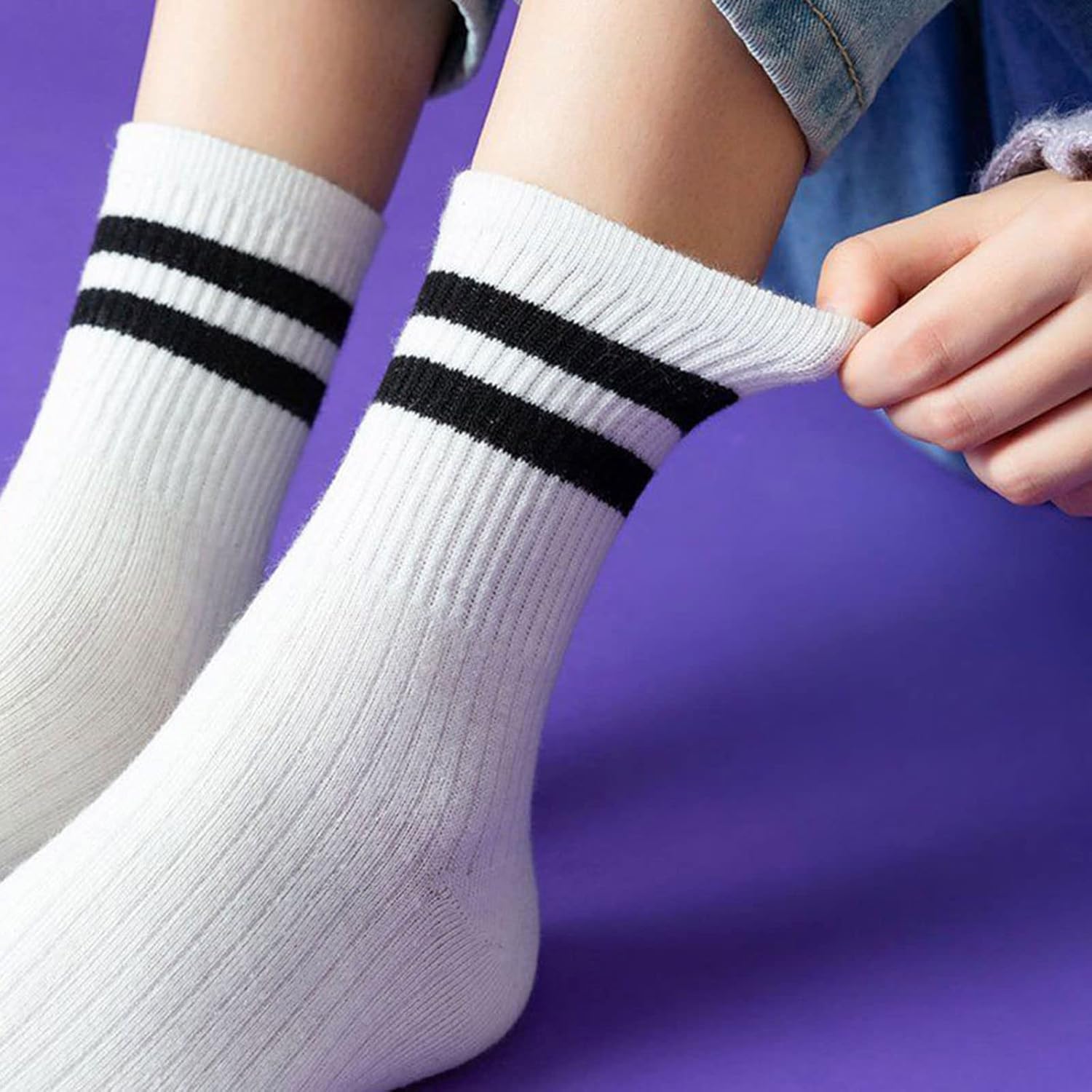 Two Stripes Crew Socks Solid Color Quartz Socks Vintage Colorful Dress Socks for Women, Men - Image 6
