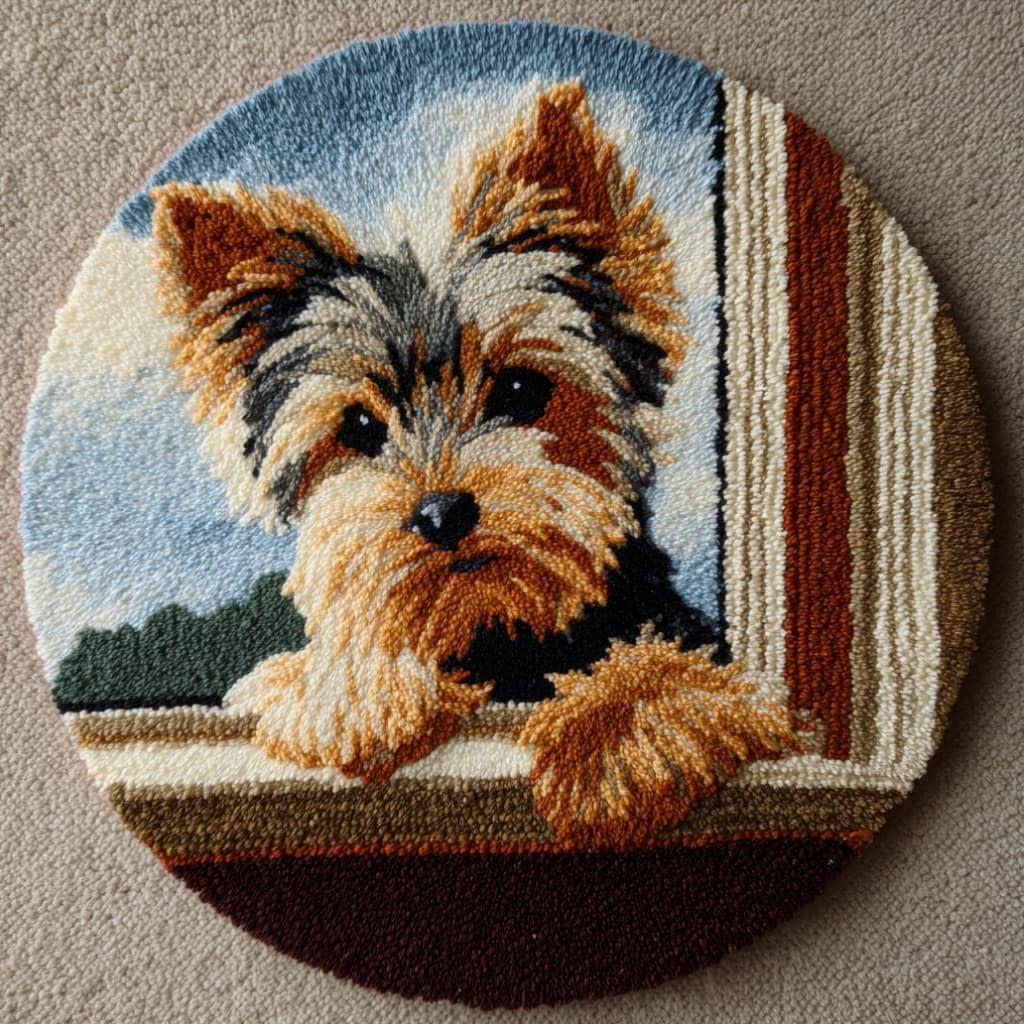 kitphoenix Round Shape Latch Hook Kits Rug Yorkshire Terrier DIY Cushion Rug Carpet Making Crochet Hook Kits Preprinted Pattern Canvas Cushion Yarn Hooking Kits Mat Kits 50X50Cm