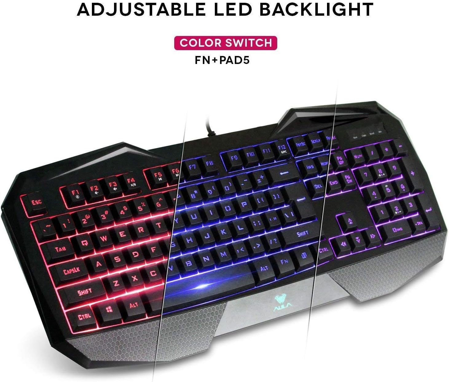 Игровая клавиатура AULA со светодиодной подсветкой синего цвета, отображающая инструкцию 'COLOR SWITCH FN+PAD5'.
