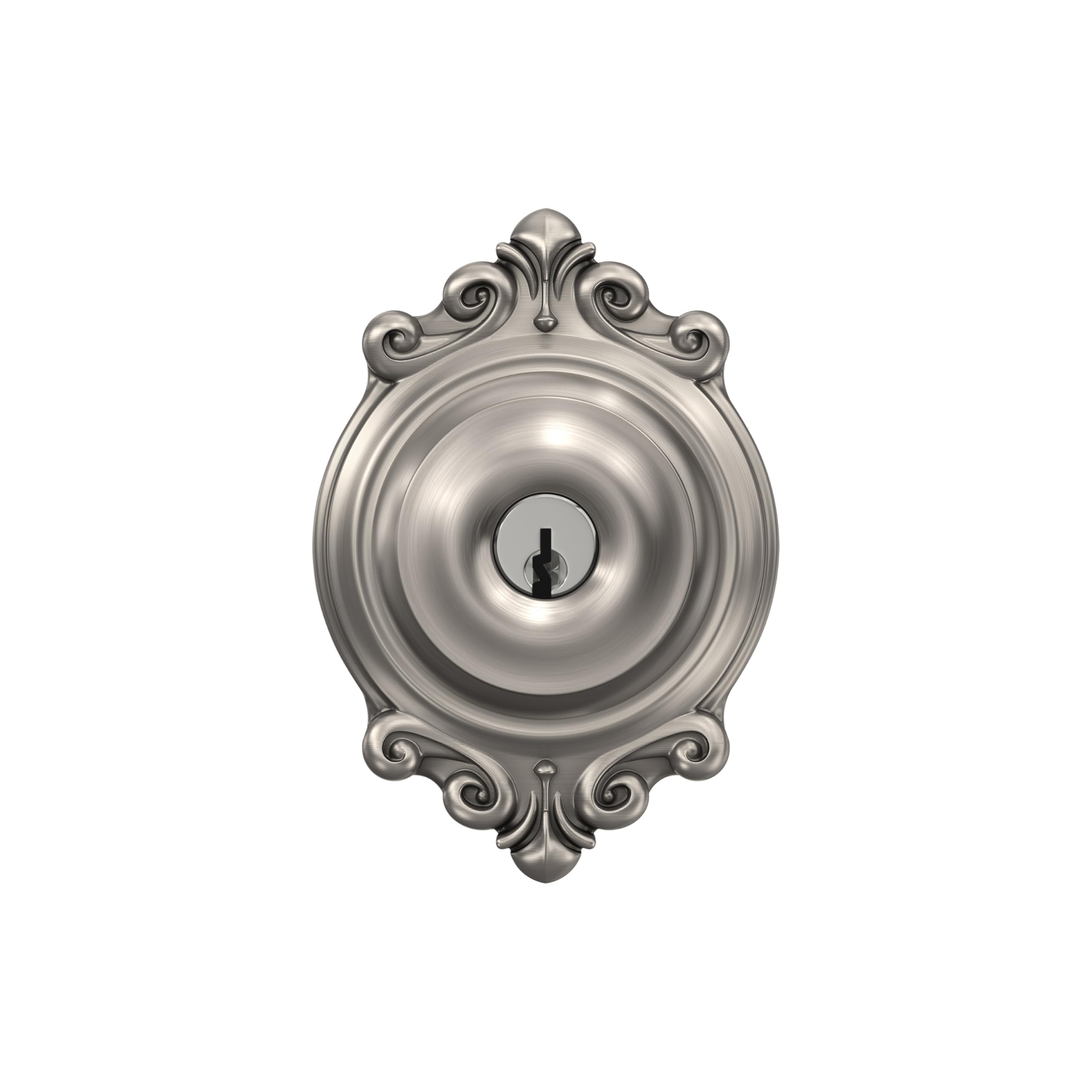 SCHLAGE F51A GEO 619 BRK - Pomo georgiano con cerradura de entrada con llave y moldura Brookshire, níquel satinado