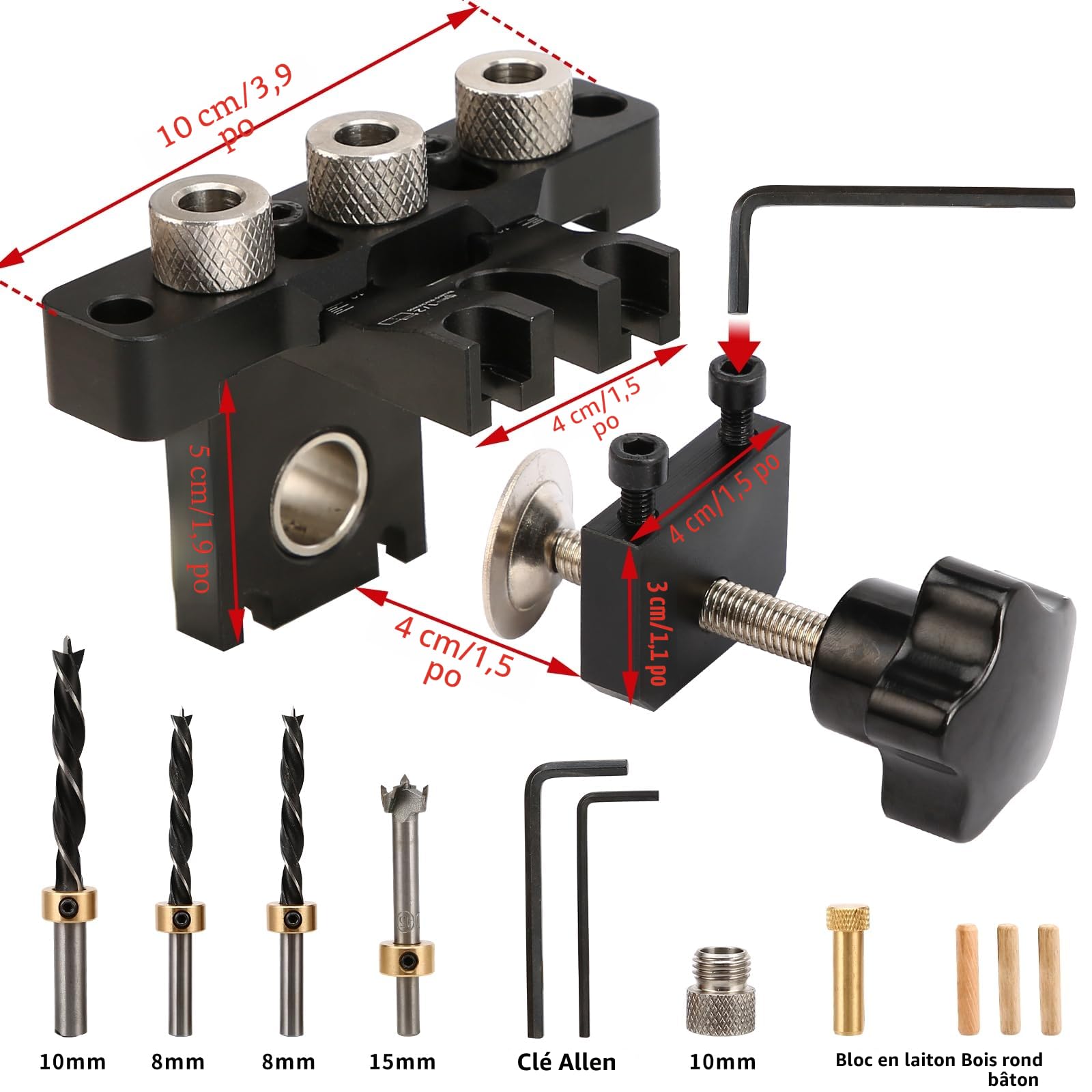 Gabarit De Percage Set，8/10/15 mm Gabarit de Trou de Poche,3 en1 Kit Localisateur de Guide de Percage Cheville Bois,Outils de Bricolage pour le travail du bois (noir Gabarit De Percage)
