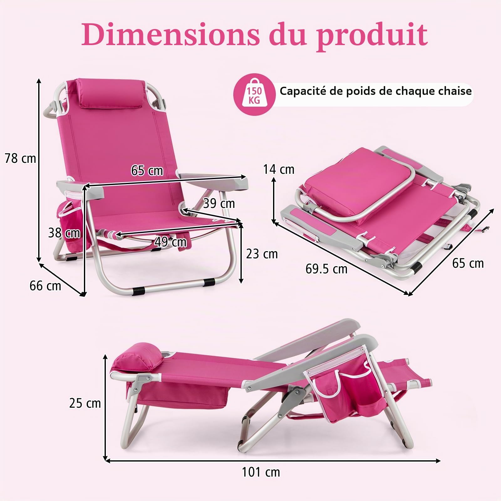 KOMFOTTEU Chaise Plage Pliable, 5 Positions Dossier réglable, Rose, 2 | Fauteil de Plage avec Appui-tête, Chaise de Camping avec Poches latérales, Charge de 150 kg