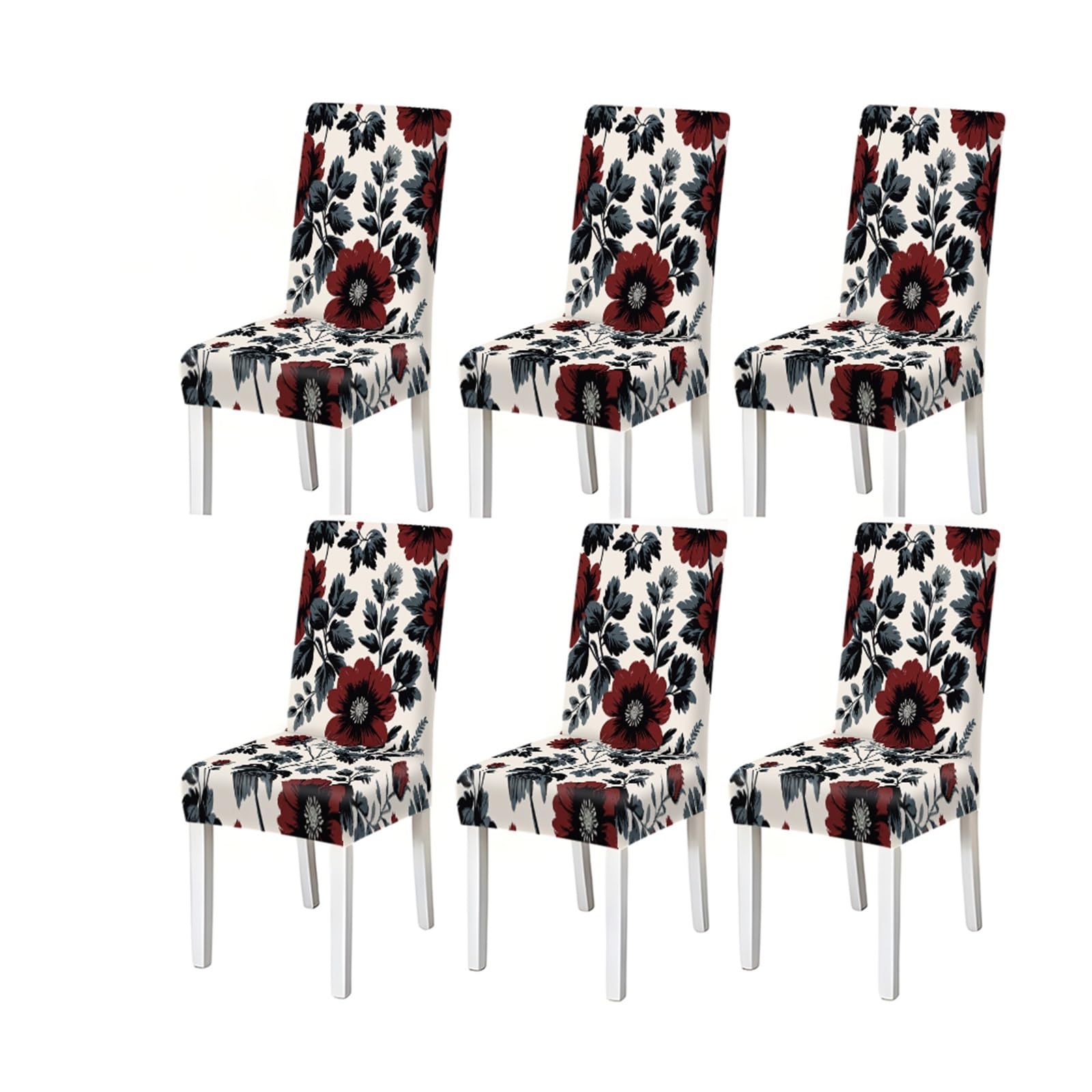 KXUAUV Burgundy Floral Botanical Pattern Print Dining Chair Covers Set Of 2/4/6, Stretch Slipcovers For Kitchen Dining Room Seat Protectors for Restaurant Hotel Party(6PCSChair cover)