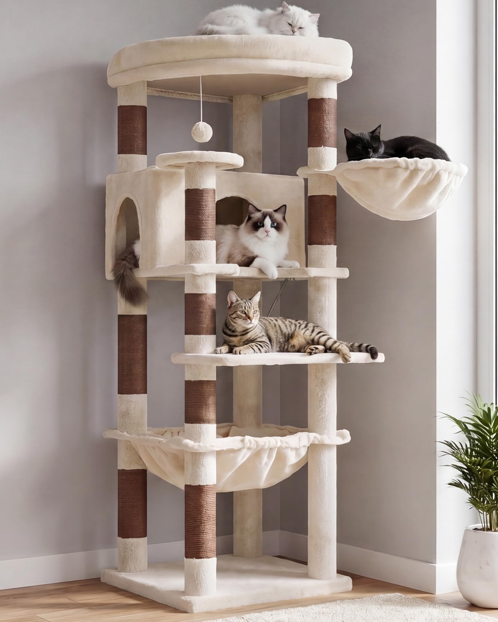 Heybly Albero Tiragraffi 135 cm, Torre Angolo Stabile Gatti Grandi HCT029MJ | Piattaforma A Ventaglio, Amaca Quadrata XL, Cesta Rotonda, Cuccia Peluche, Base 45 cm, Angolo Casa, Beige