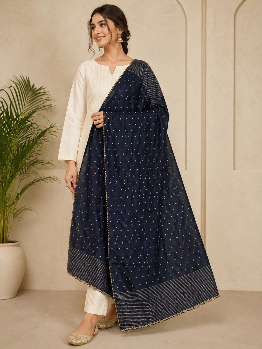 prathna creation Women's Dupatta, Navy Blue, Cotton Silk, Gold Zari Buti Work, Ethnic Wear Navy Blue Zari Buti Dupatta Women's Traditional Gold Buti Dupatta-picture-26