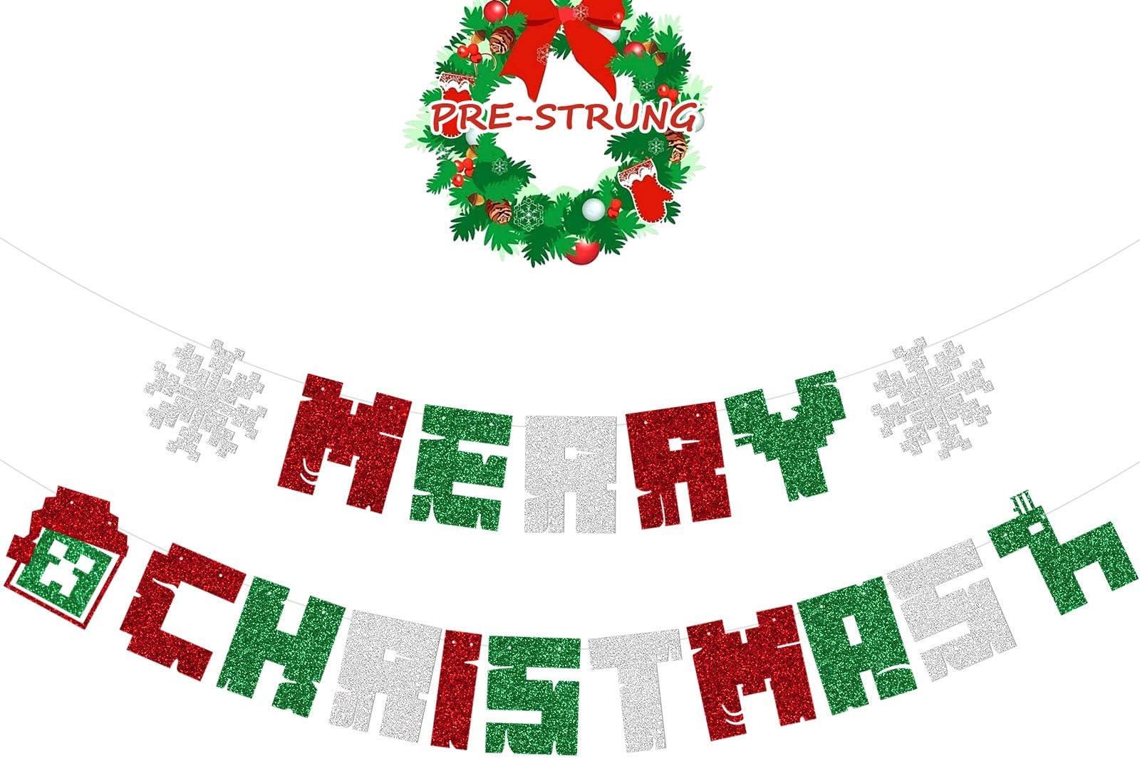 Minecraft Christmas Banner, Plaid Party Supplies Christmas Decorations Minecraft Party SuppliesPre-Strung Banner