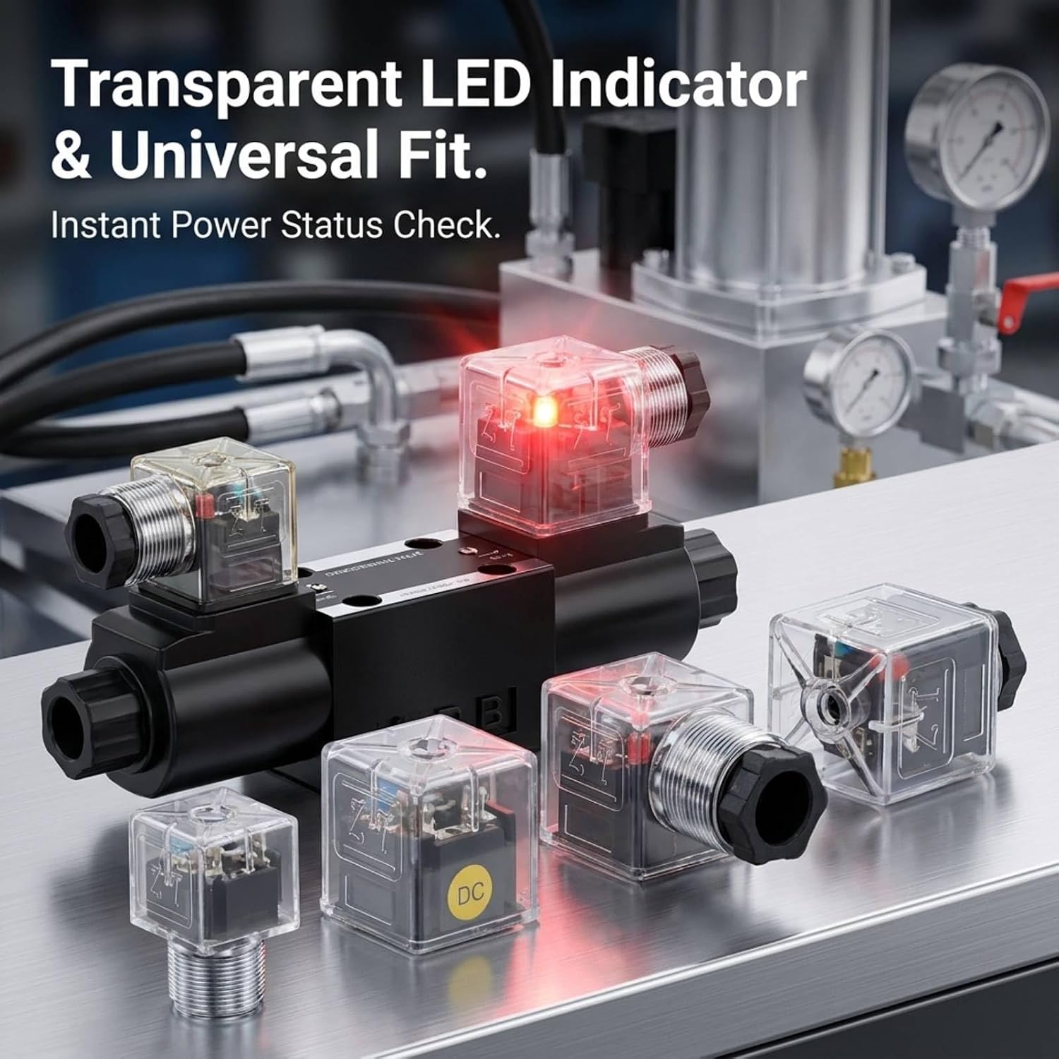 Solenoid Coil Plug 5pcs, Transparent Hydraulic Valve Voltage Plug, Universal Hydraulic Solenoid Coil Connector Socket Valve, Hydraulic Solenoid Coil Valve Plug with Light DC24V