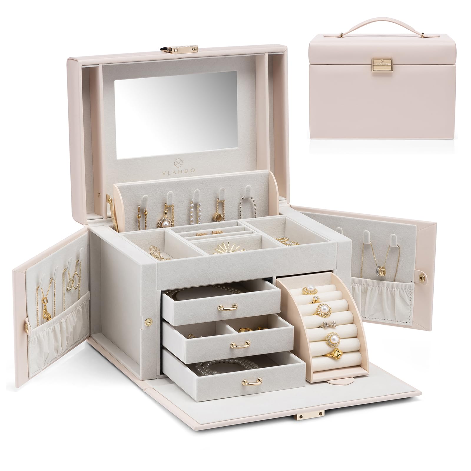 Vlando Mirrored Jewelry Box Organizer Leather Jewelry Storage Case Necklaces Earrings Rings Brackets Box Holder Pink Beige