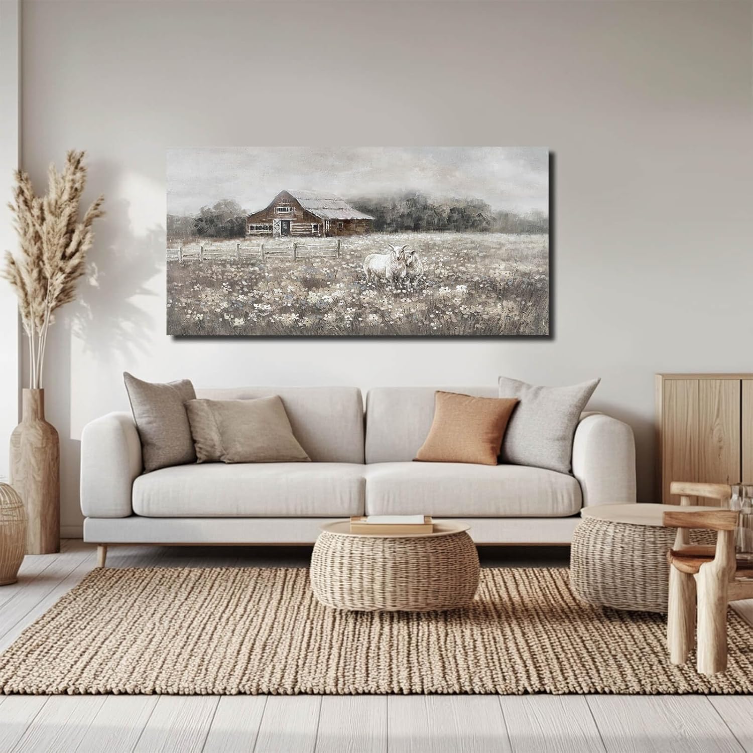 ZHENGYIN Large Country Barn Canvas Wall Art, Sheep Meadow Landscape Artwork, Rustic Farmhouse Wall Decor for Living Room Dining Room, Above Sofa, 24x48 Inch - Image 2