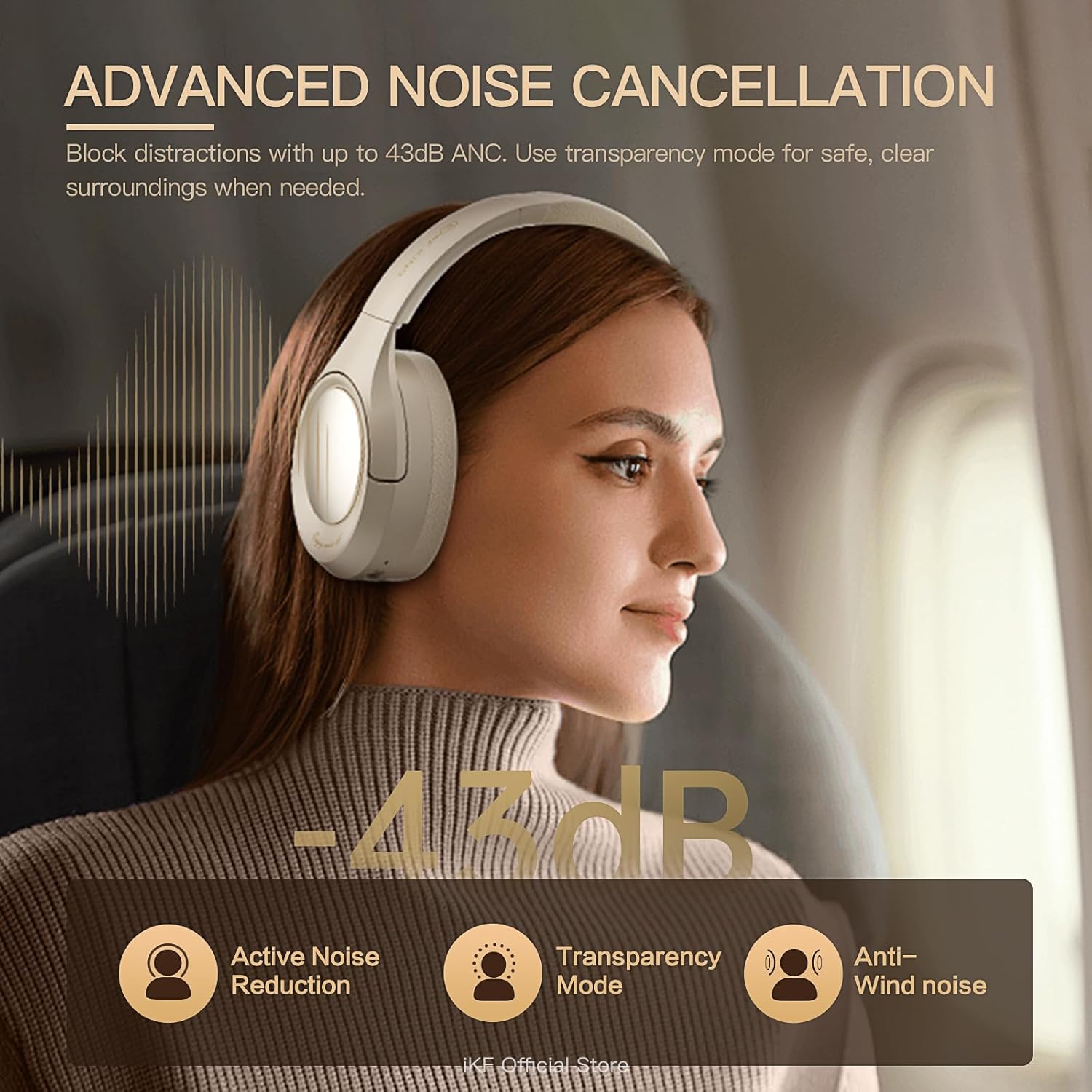 iKF King Over-Ear Wireless Bluetooth Headphones with 43dB ANC(Active Noise Cancellation), Hi-Res Audio, 100H Playback, Transparency Mode, 38ms Gaming Mode, ENC Built-in Mic (Offwhite)