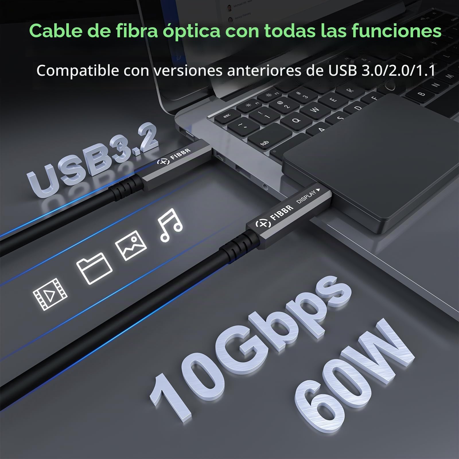 FIBBR 3 en 1 USB C Cable 10M,10Gbps USB C a C Fibra Óptica Cable, 8K Cable USB C Soporta 60W PD para Video Doméstico, Cableado de Monitoreo, Sistema de Visión Artificial, HD Videoconferencia