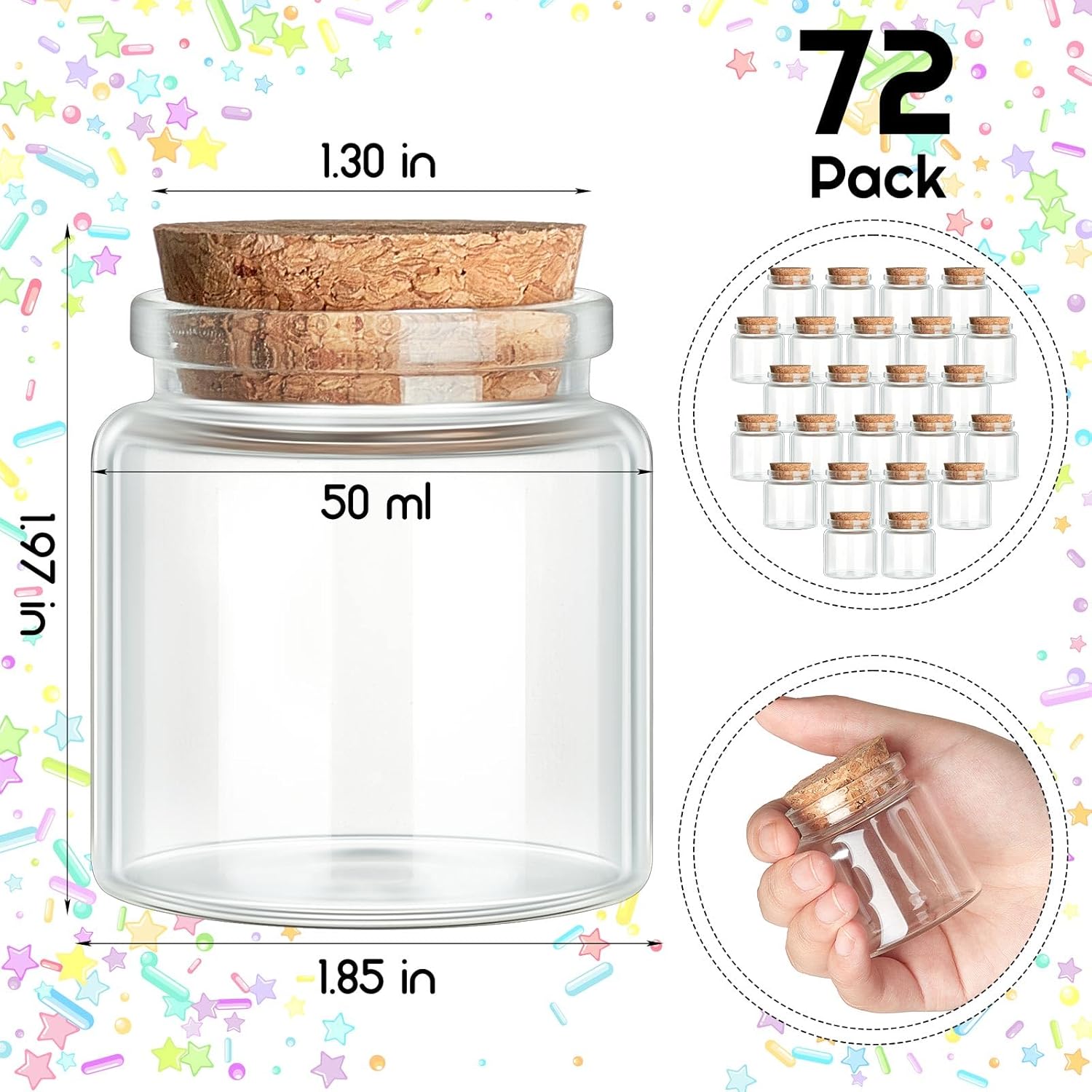 Patelai 48 Pcs Small Glass Jars with Cork Lids, Mini Potion Bottles Bulk Tiny Wishing Vial Spell Jars for DIY Art Crafts Gift Valentine Wedding Birthday Party Favors Decorations (50 ml)