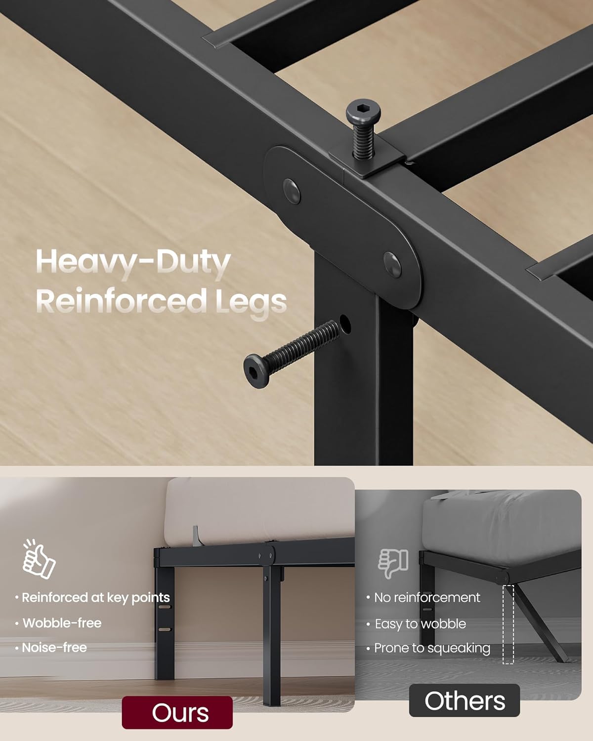 VASAGLE King Metal Bed Frame 14 Inches Tall, 1100 lb Weight Capacity, No Box Spring Needed, with Under-Bed Storage, Easy Setup, Heavy-Duty Platform Bed, Mattress Retainers, Matte Black URMB654BD02S