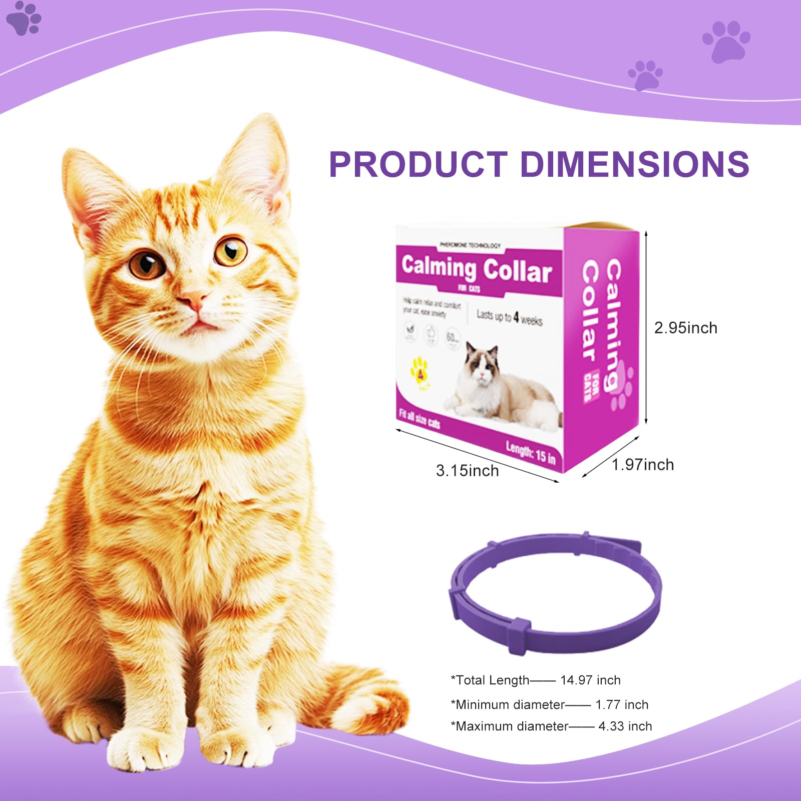 Cat Calming Collar, 15-Inch Adjustable, 60-Day Stress Relief, Purple, 4-Pack - image 6