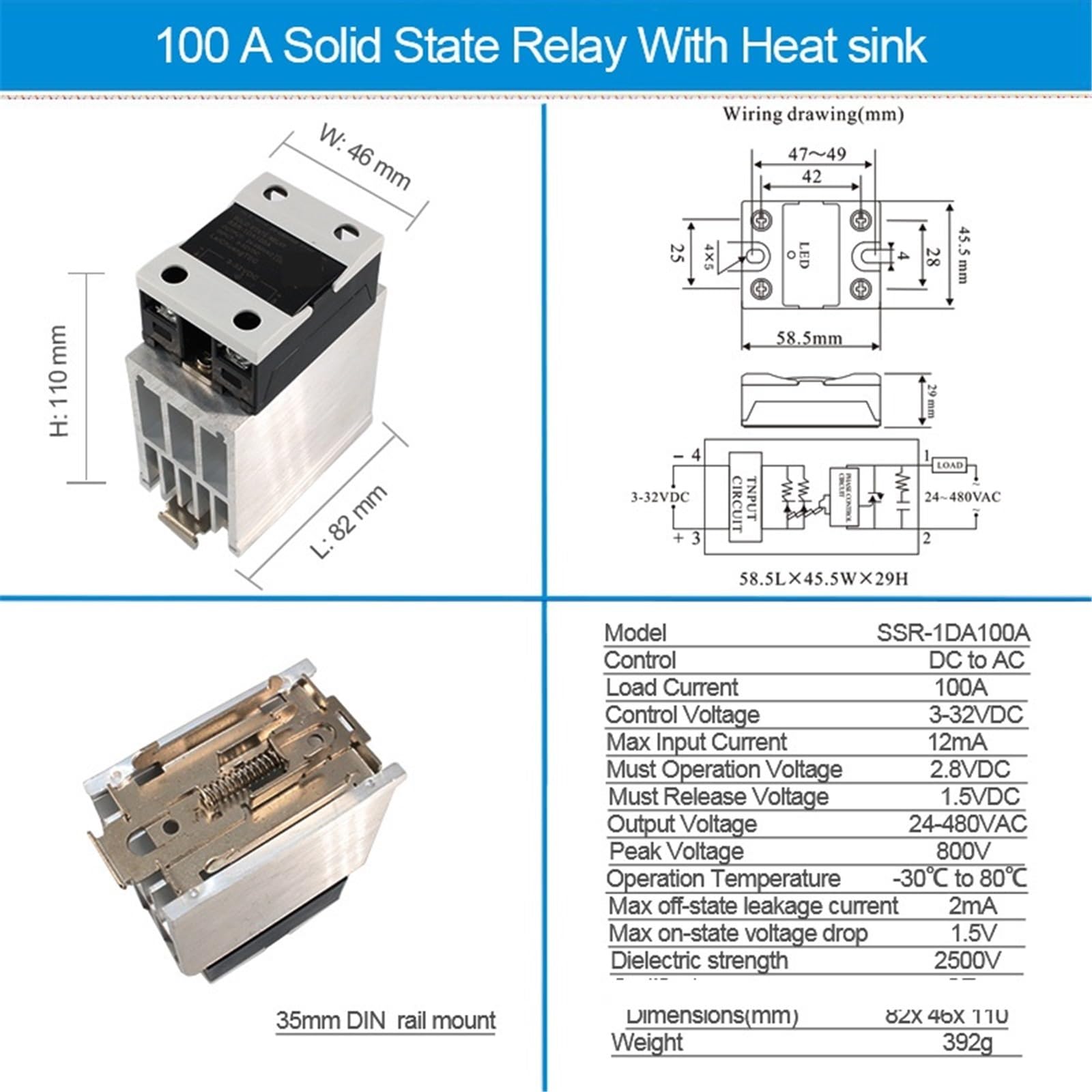 Relé Industrial SSR con disipador de calor, relé de estado sólido montado en Riel DIN, CC a CA, 10A, 25A, 40A, 60A, 80A, 100A, 120A, 1 Uds.(DC-AC 100A)