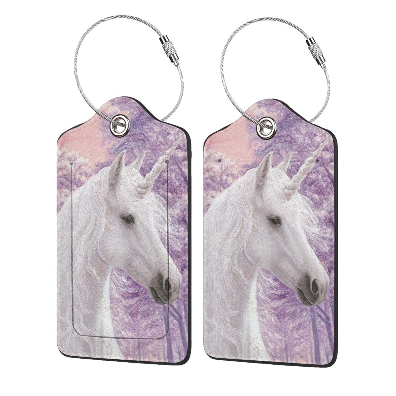 4 etiquetas de equipaje de piel sintética para maleta, diseño de caballo blanco en bosque brillante morado con lazo de acero inoxidable, etiqueta de identificación de cubierta de privacidad para